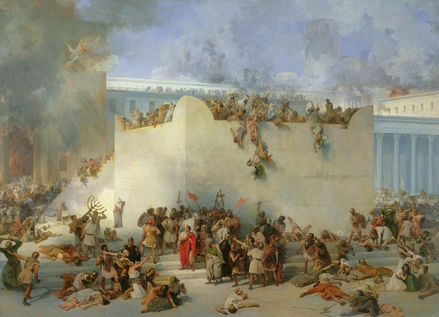 Painting of people, including soldiers, fighting on top of and next to a stone-walled building. Flames and smoke emerge from parts of the building, and winged angels appear in the top left.