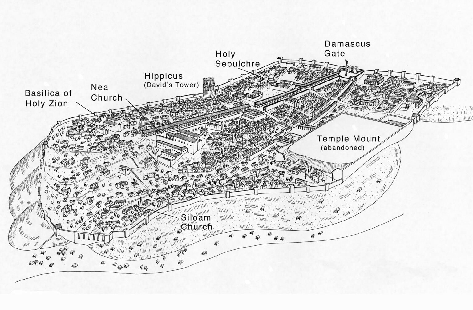 Black-and-white illustrated map of Byzantine Jerusalem, showing labeled landmarks: Basilica of Holy Zion, Nea Church, Hippicus (David's Tower), Holy Sepulchre, Damascus Gate, Temple Mount (abandoned), and Siloam Church.