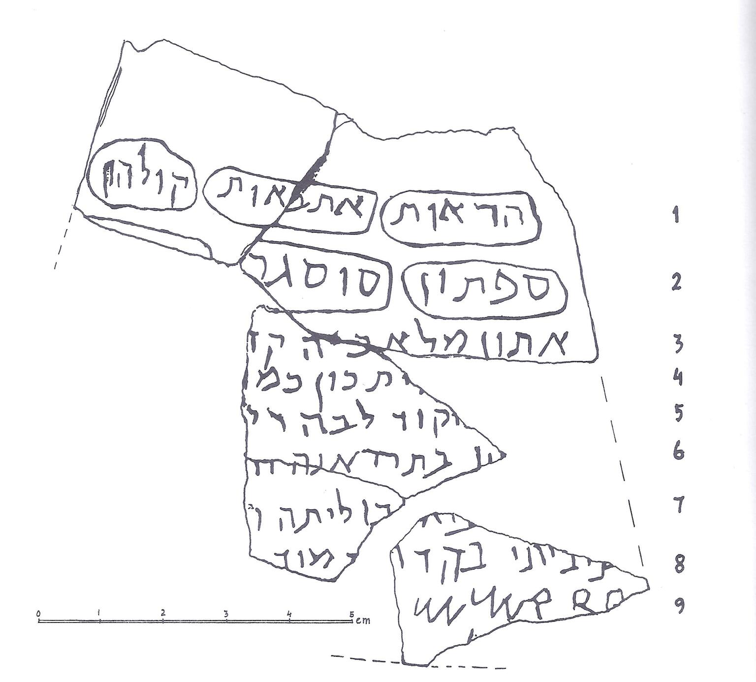 A black-and-white line drawing of a fragmented ancient inscription in a Semitic script. Sections of the broken inscription contain outlined areas with legible characters. The lines are numbered 1 to 9 on the right of the drawing, and there is a centimeter scale at the bottom.