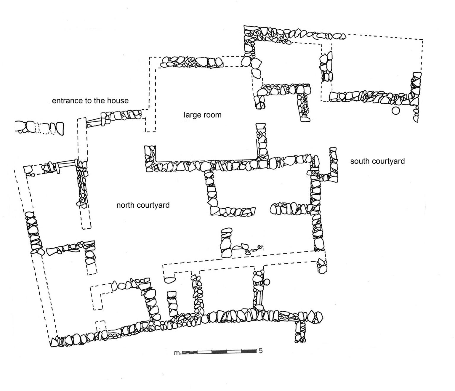 Black-and-white floor plan of an ancient house with labeled areas: entrance to the house, large room, north courtyard, and south courtyard. Stone wall outlines and a scale bar are shown.
