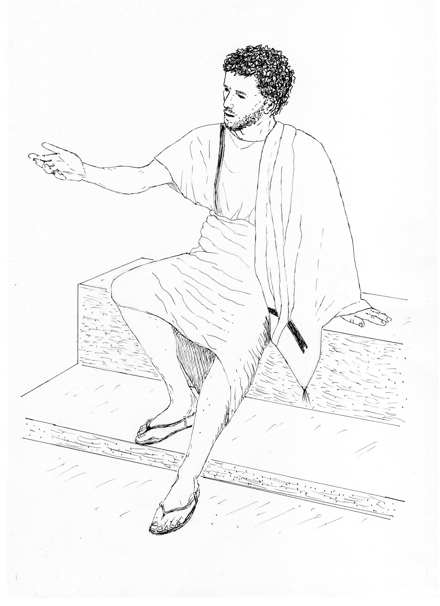 A line drawing of a man with short, curly hair, seated on a step or bench. He wears a tunic, cloak, and sandals, and gestures with one arm extended while the other rests on the bench.