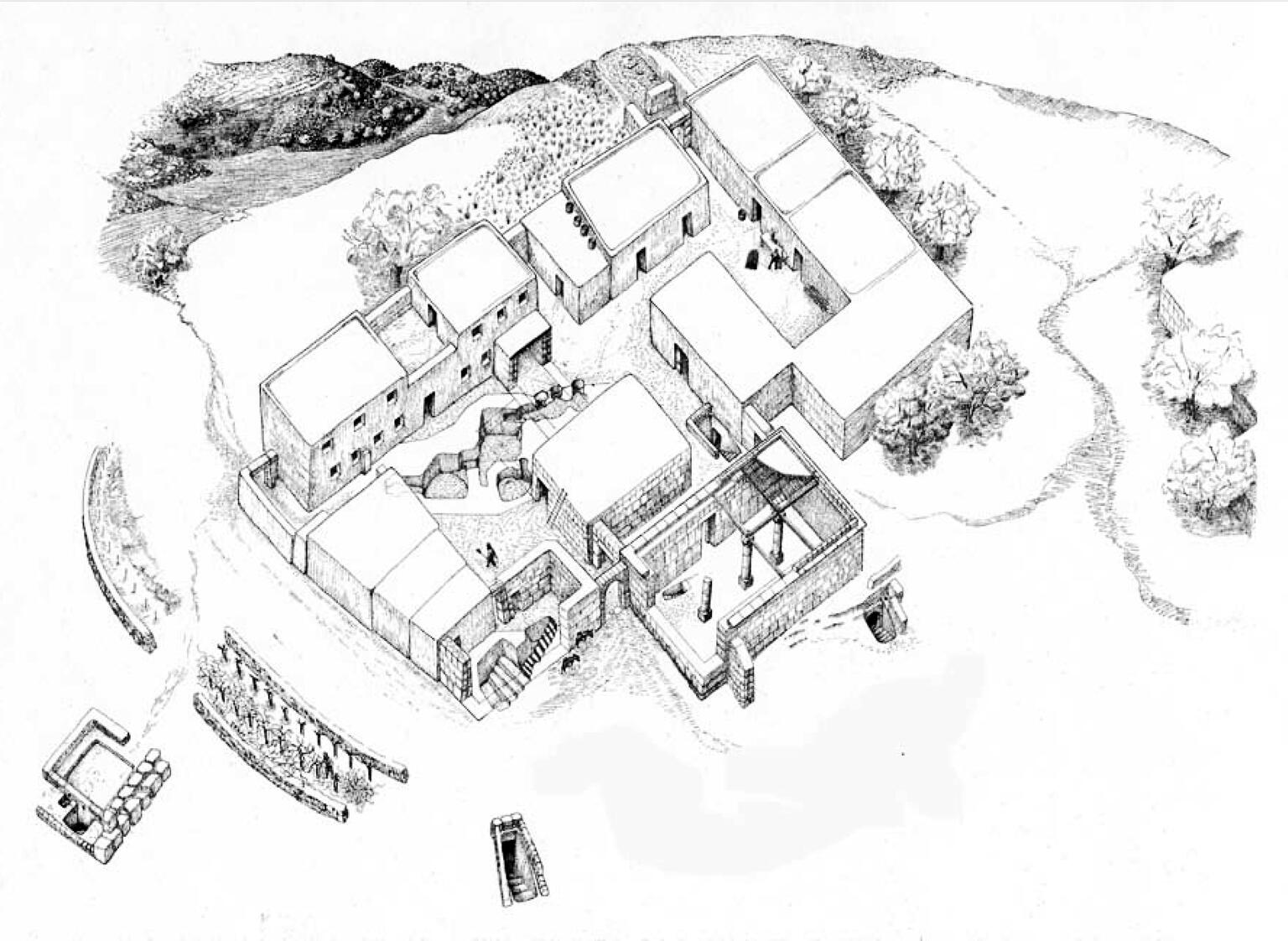 Black-and-white drawing of an ancient villa complex with multiple rectangular buildings, open courtyards, columns, and trees. A few human figures are visible.