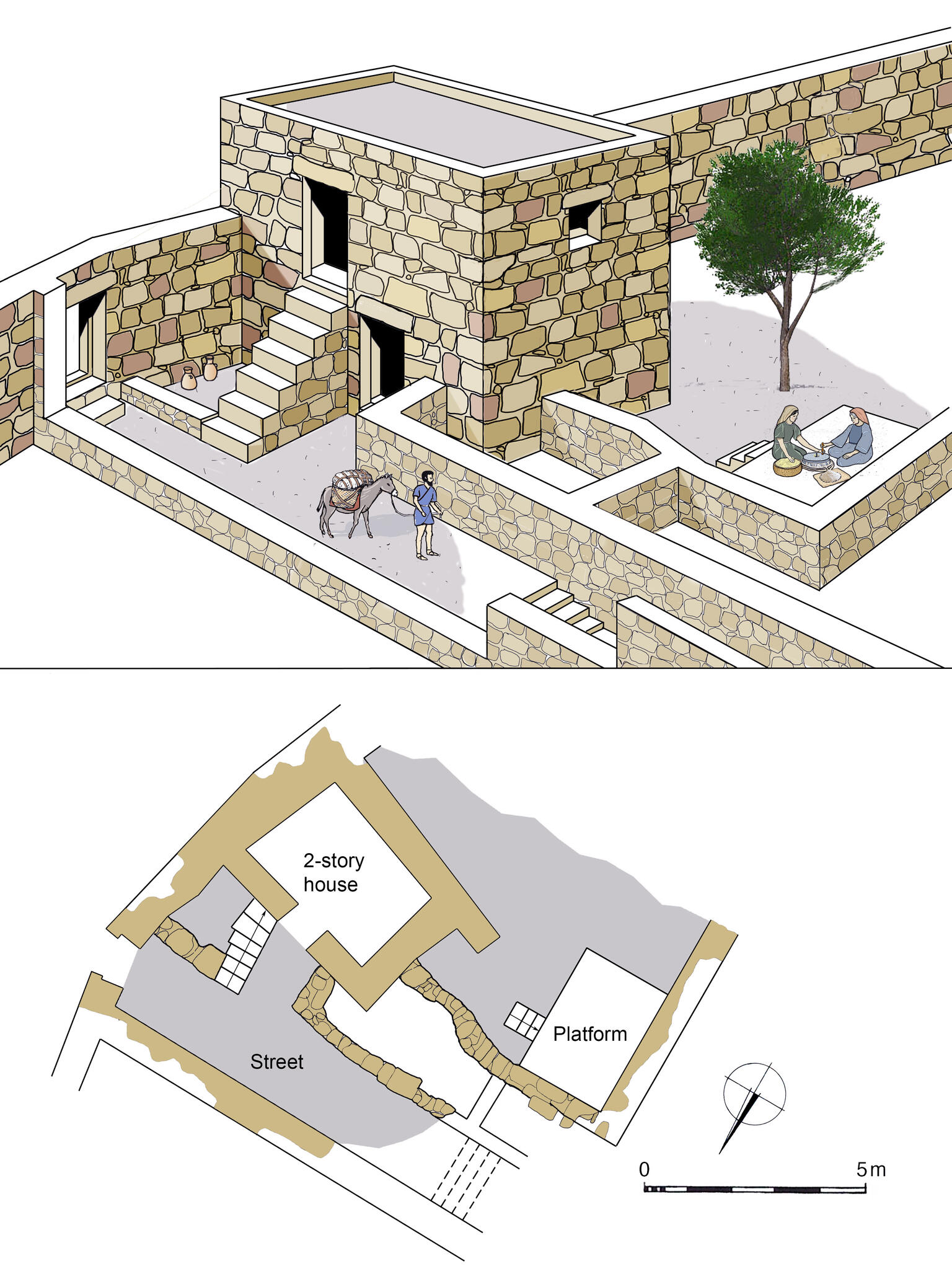 Illustration of a two-story ancient stone house with a courtyard. Two people sit on a platform in the courtyard, and another stands outside the house with a donkey. Below is a labeled floor plan of the house, platform, and street, with a scale for reference.