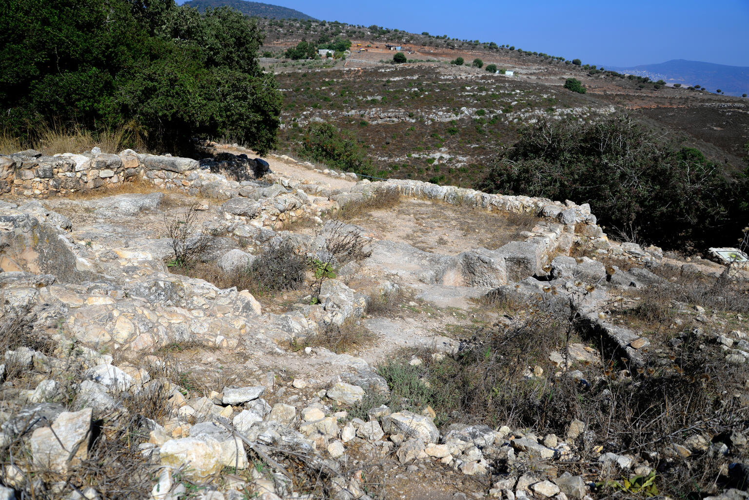 Ruins of buildings in rectangular plans set among greenery atop a mountain.