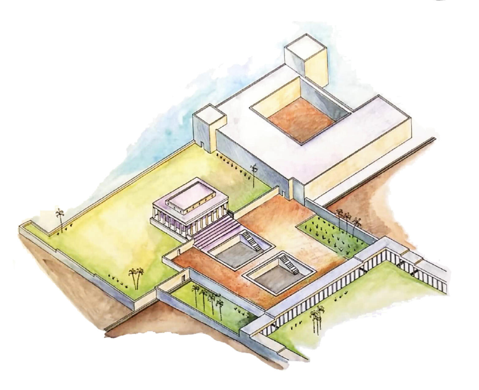 A watercolor illustration of an ancient palace complex with two open courtyards, rectangular pools, and surrounding walls, with pathways and sparse trees in the landscape.