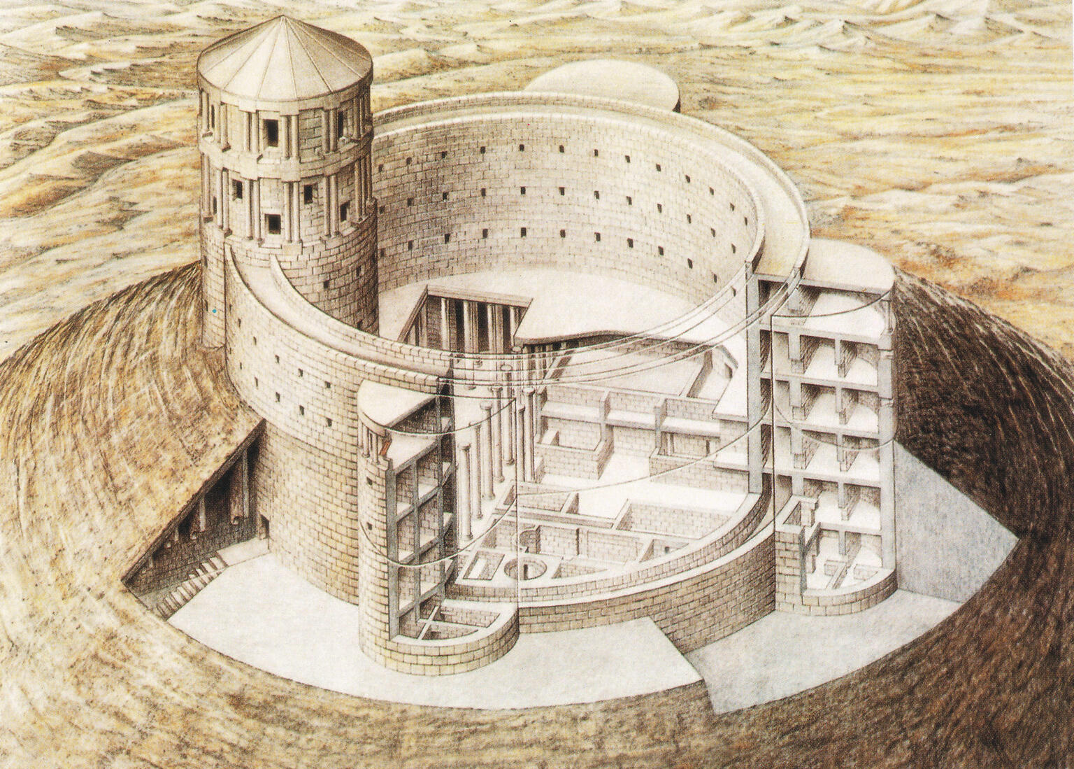 Drawing of a round building with rectangular niches cut into the ground floor and a large turret on left side.