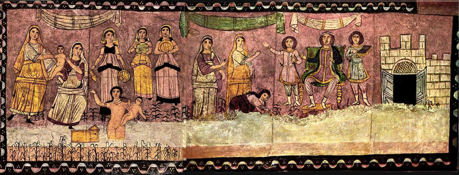 Ancient mural showing women standing beside a river lined with reeds. A nude woman stands in the river holding an infant. To their right, a man sits on a throne, flanked by two other men. Two women stand before him; another woman kneels.