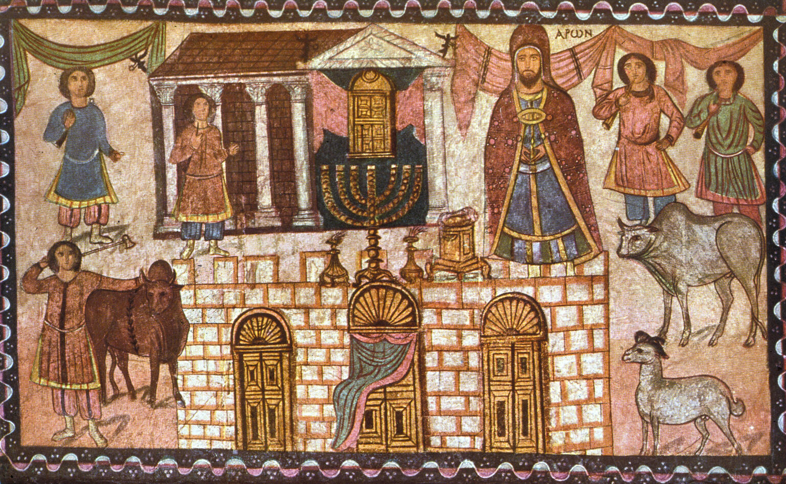 A colorful ancient fresco depicts a temple with columns, a large menorah, a priest, and various other figures, along with several animals, all framed by decorative borders.