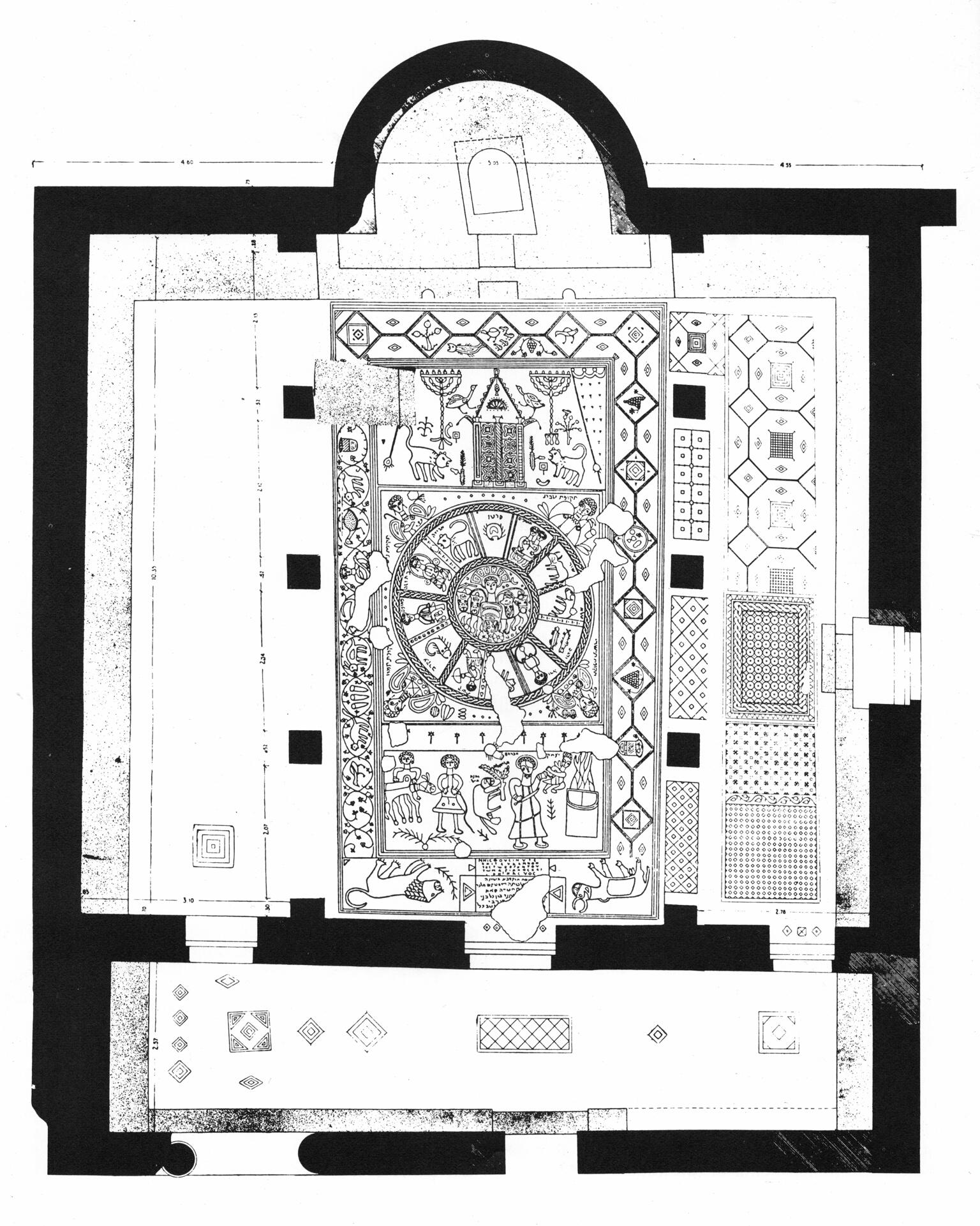 Black-and-white drawing of a floor with a mosaic in the center featuring human figures, zodiacal symbols, ritual objects, and animals.