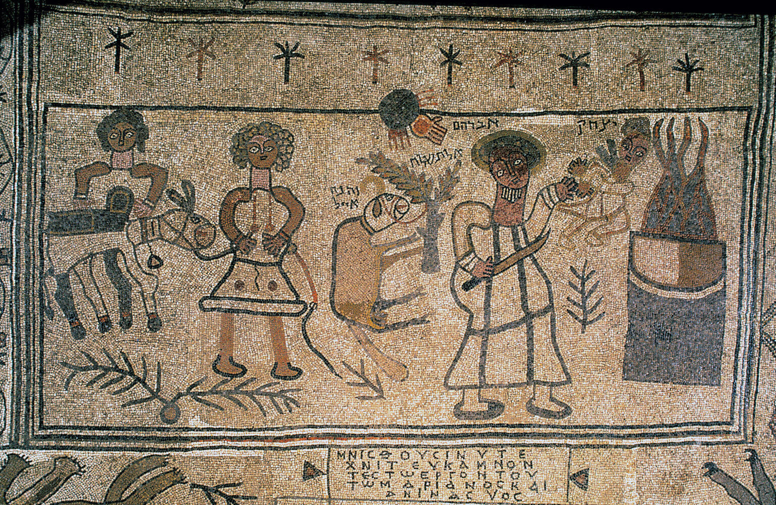 Ancient mosaic with several human figures, including two standing with a donkey on the left and one holding a knife and an infant next to a large fire on the right. In the center is a ram attached to a plant. The mosaic includes Hebrew and Greek inscriptions.