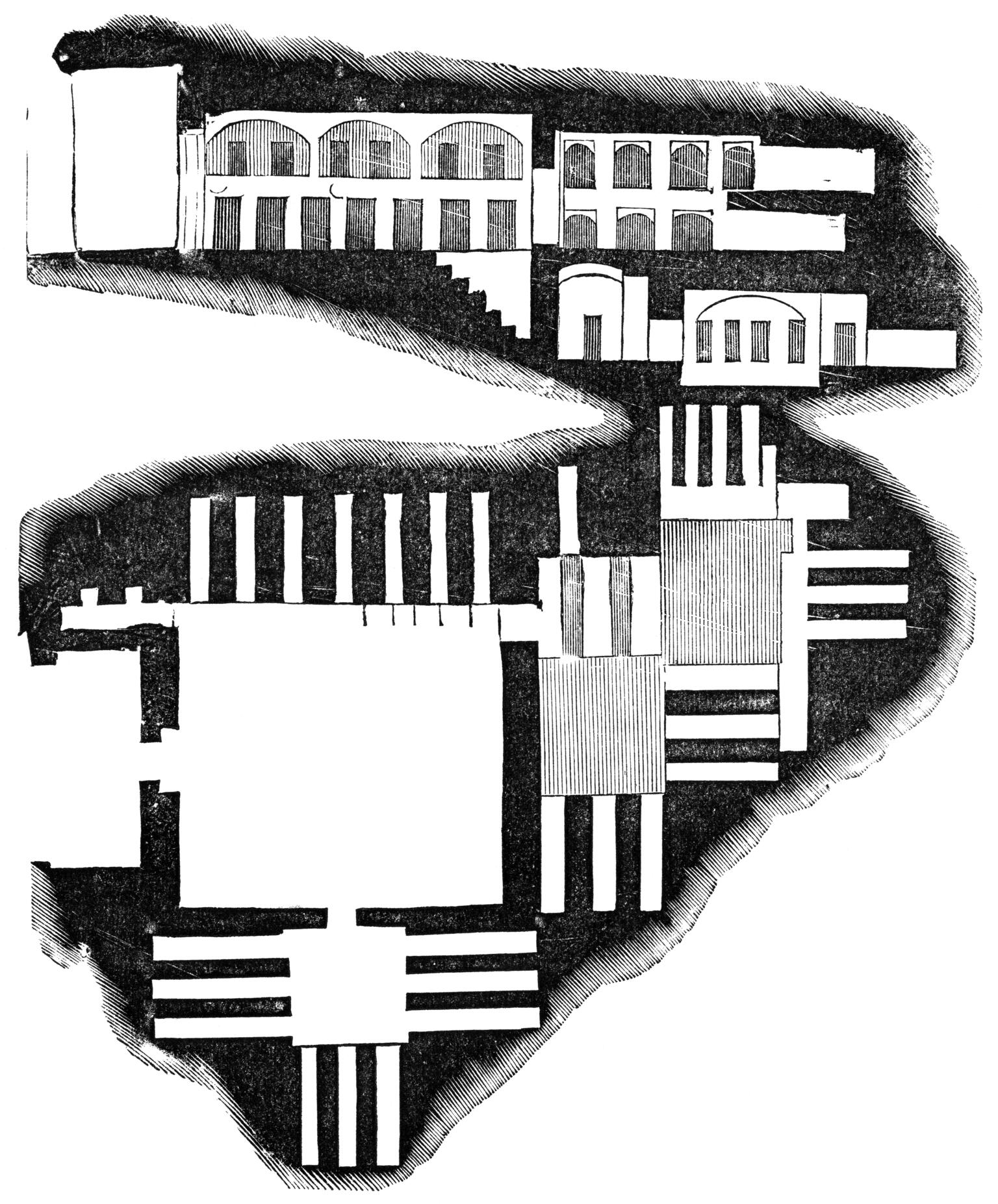 Line drawing of an irregular shape with rectangular and semicircular shapes within it.