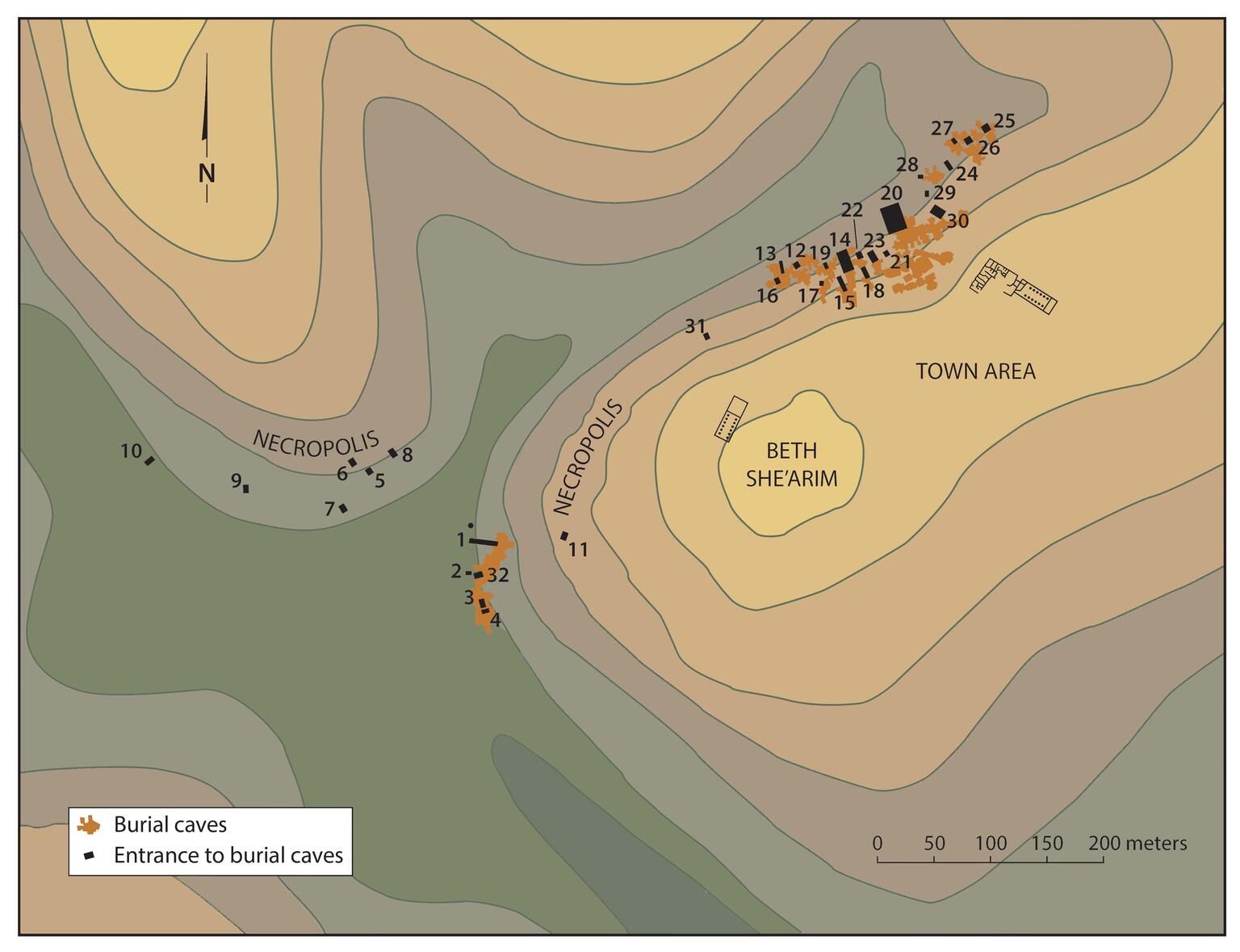 Topographic map of Beth Shearim showing burial caves and their entrances, with labeled locations in the necropolis and town area. Contour lines indicate elevation. Scale bar and legend included.
