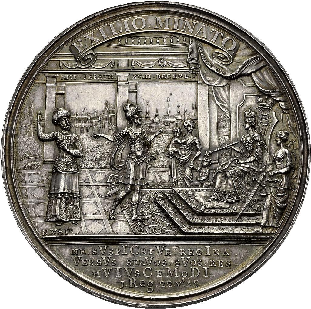 Medal embossed with queen on throne before several people and Latin inscription.