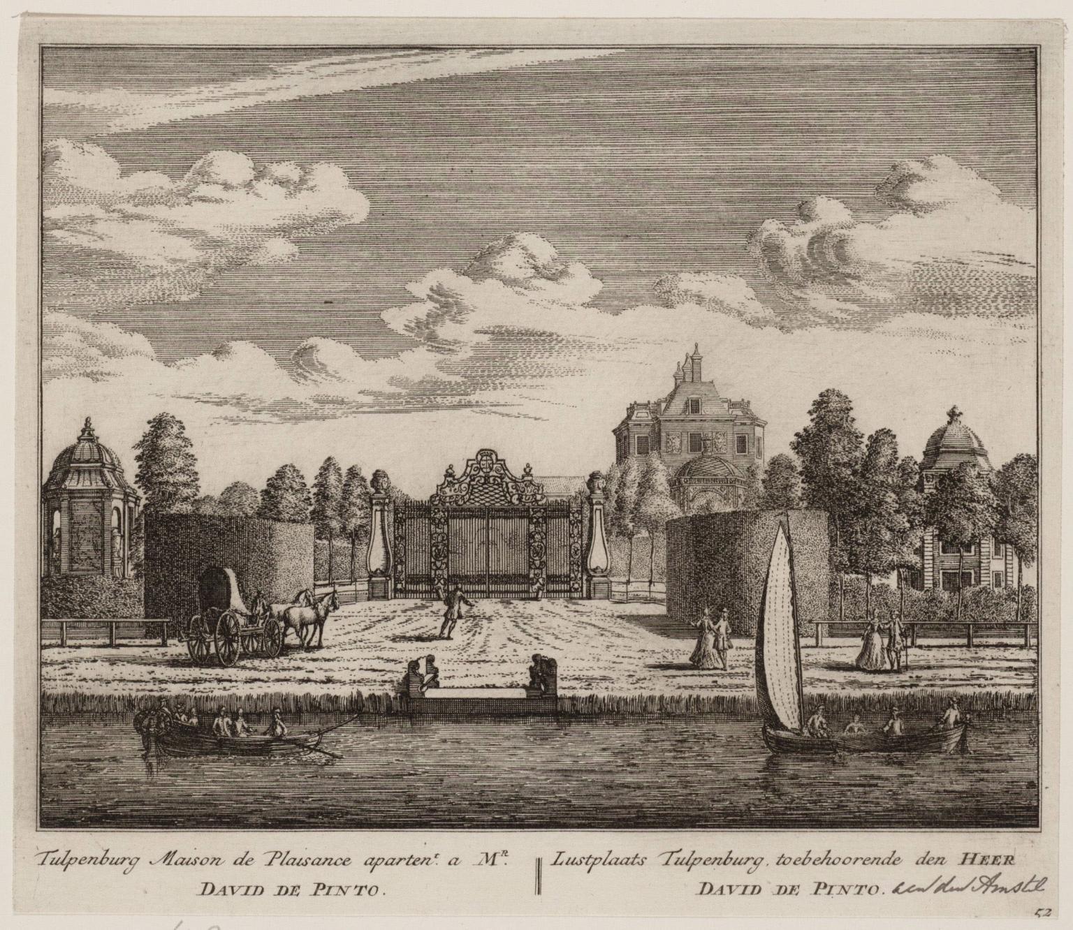 Print of river with boats in foreground and house and trees behind wall in background.