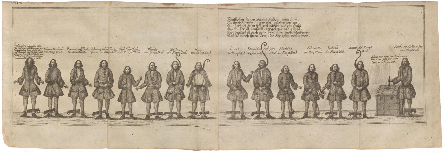 Drawing of men in fetters arranged in a line, some with ropes around their necks, and German text above.
