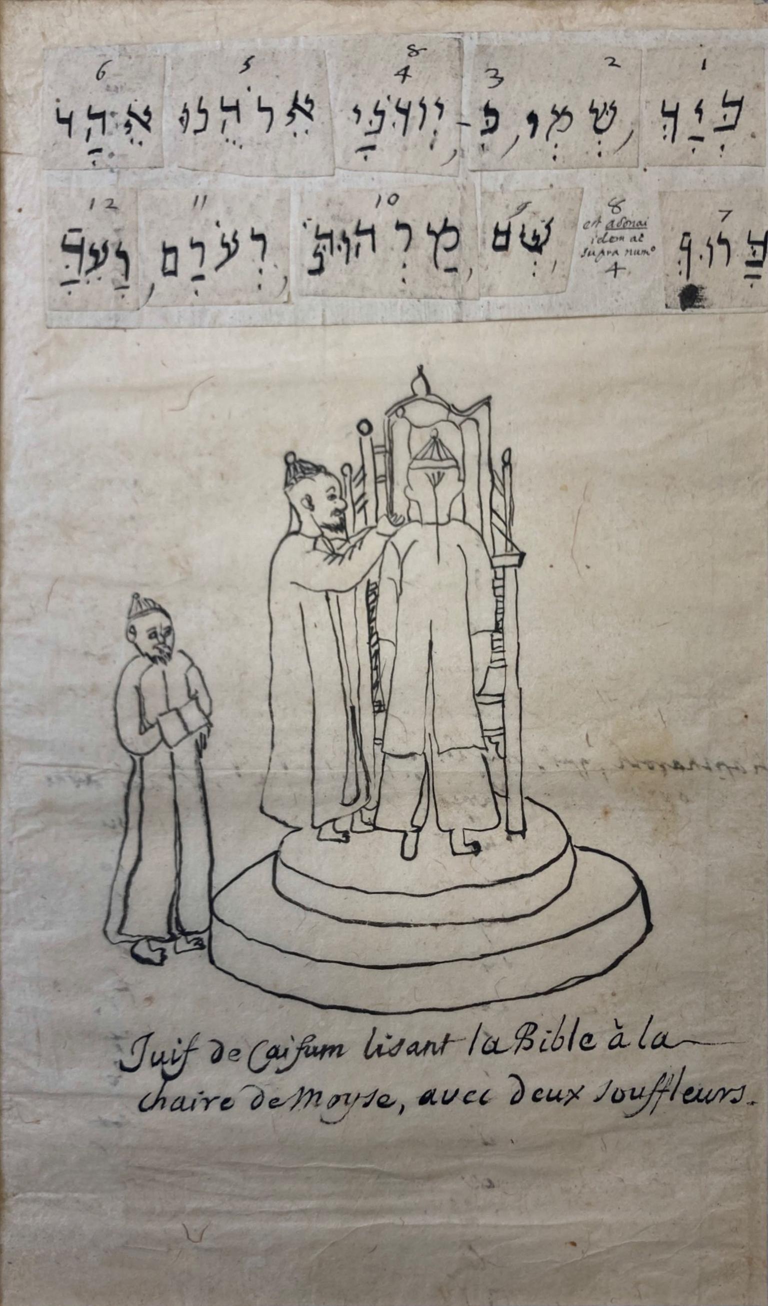 Manuscript page with drawing of three men around Torah ark and Hebrew text above and French text below.