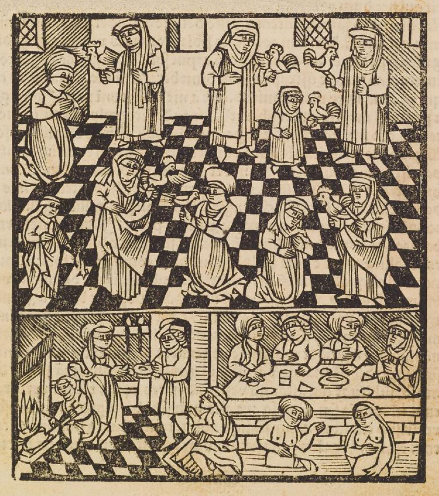 Print image of people indoors holding roosters in top panel and people eating and bathing in bottom panel.