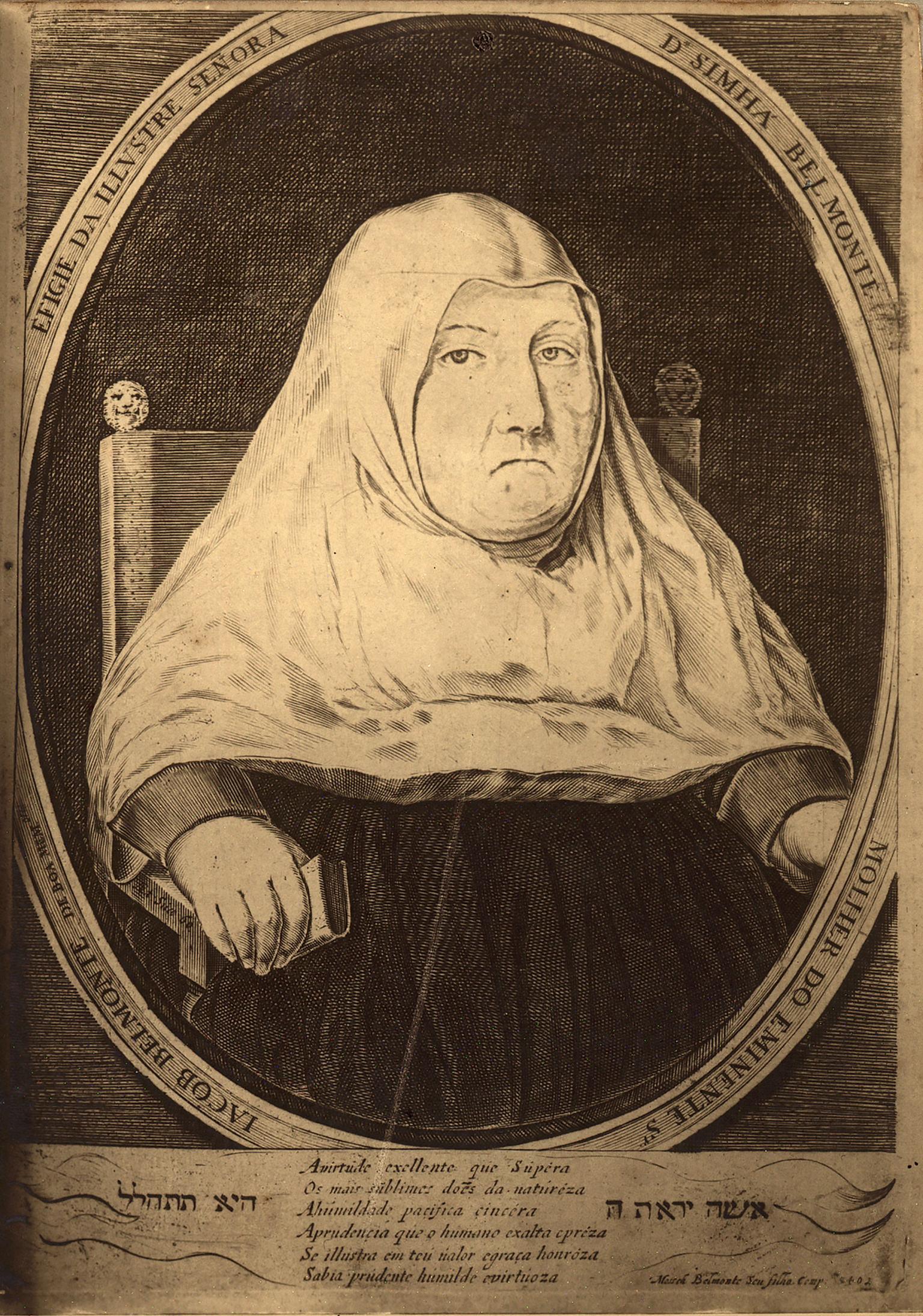 Portrait with circular border of seated older woman wearing wimple and stern expression and holding book in right hand, with Portuguese and Hebrew text below and around portrait. 