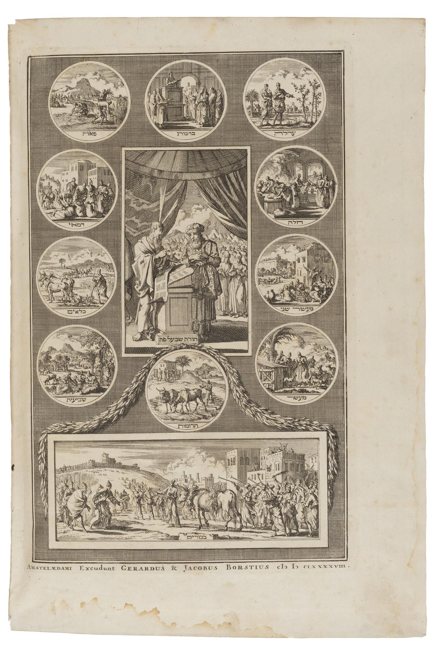 Print with central rectangular scene of men at podium surrounded by ten circles with images of figures and animals, and scene at bottom of large crowd outside city. 