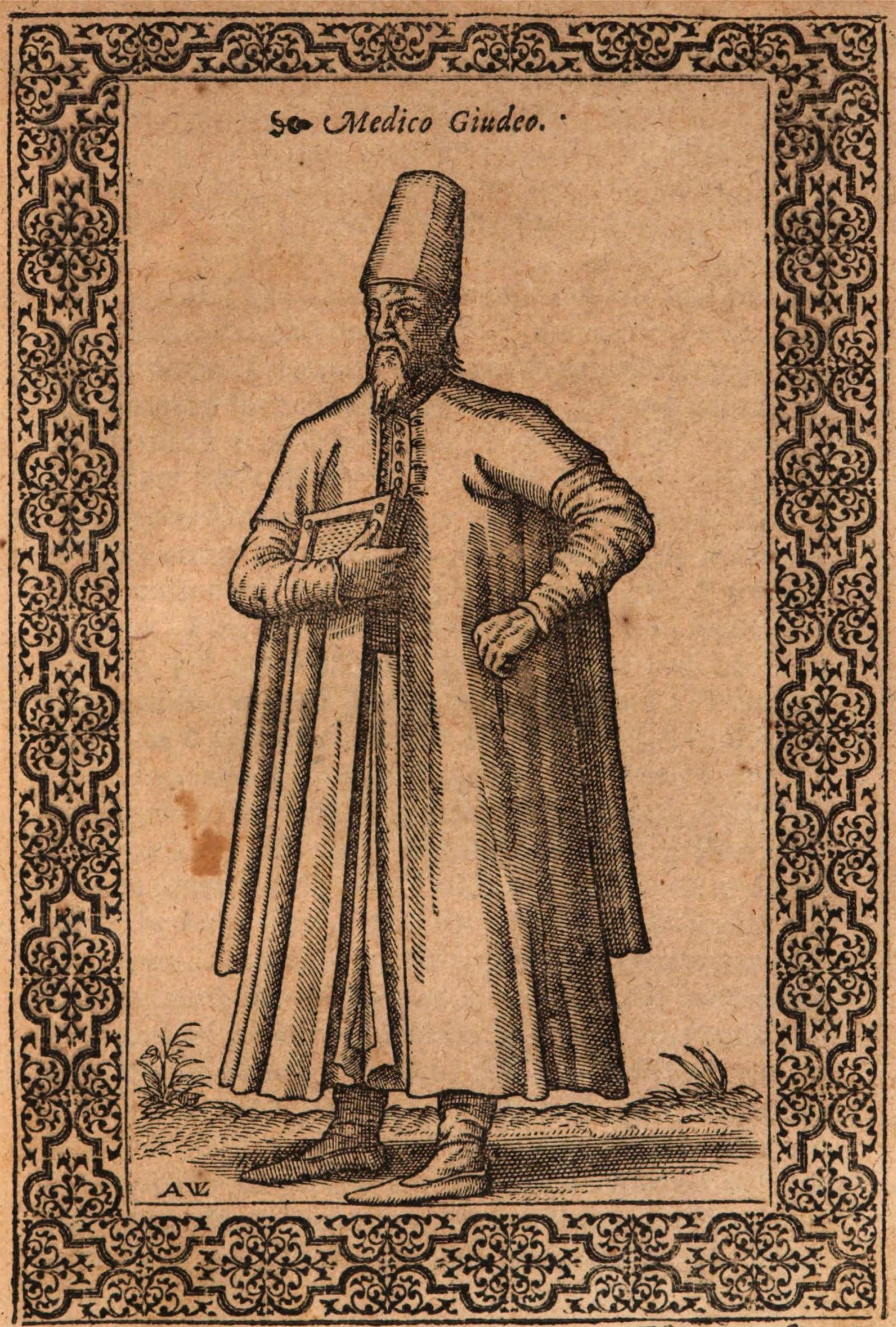 Print with decorative border of man in robes wearing hat and holding a book with right hand and Latin heading.