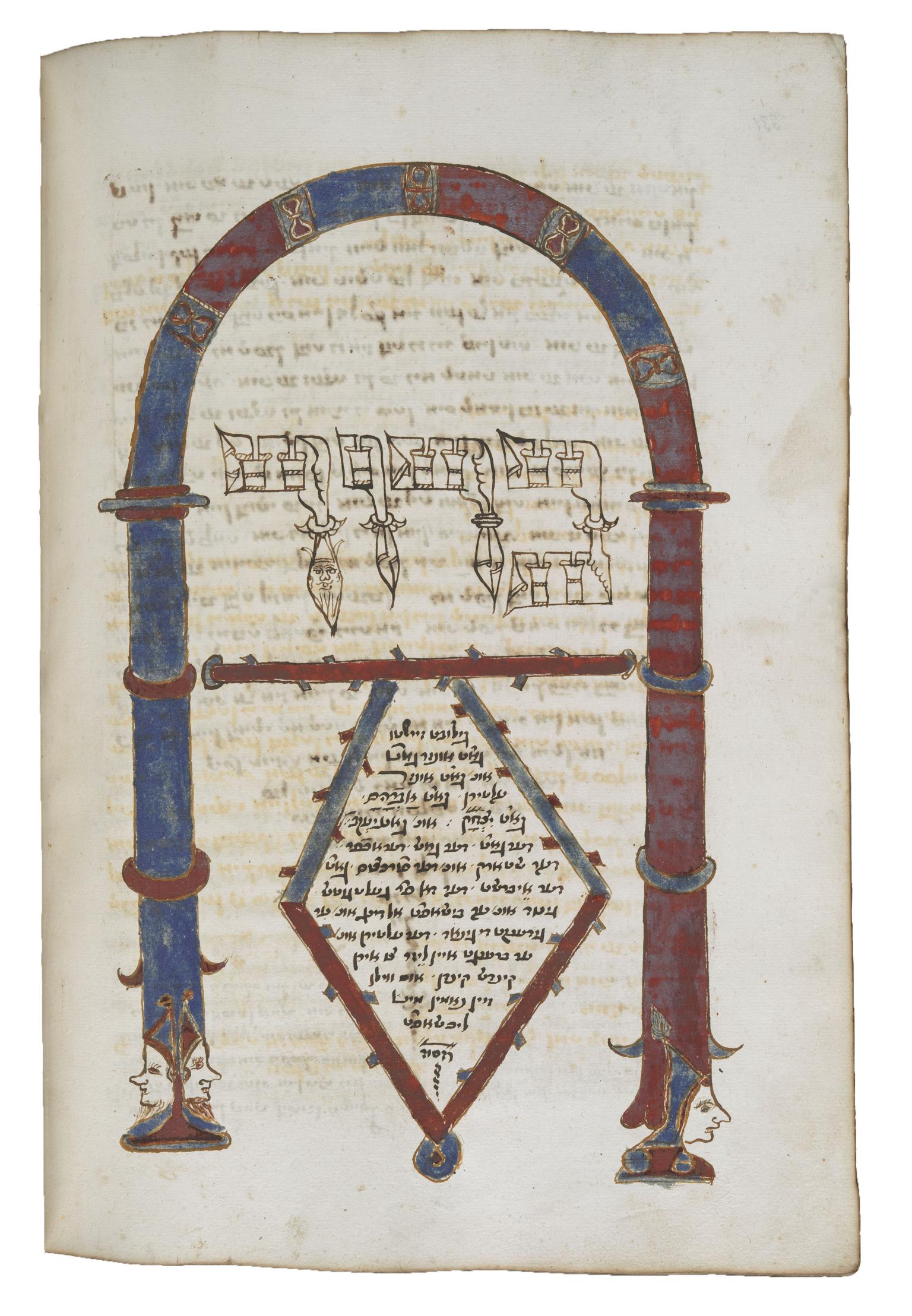 Manuscript page with Hebrew text in a diamond shape under an illustration of an archway, decorated with heads and flowers.