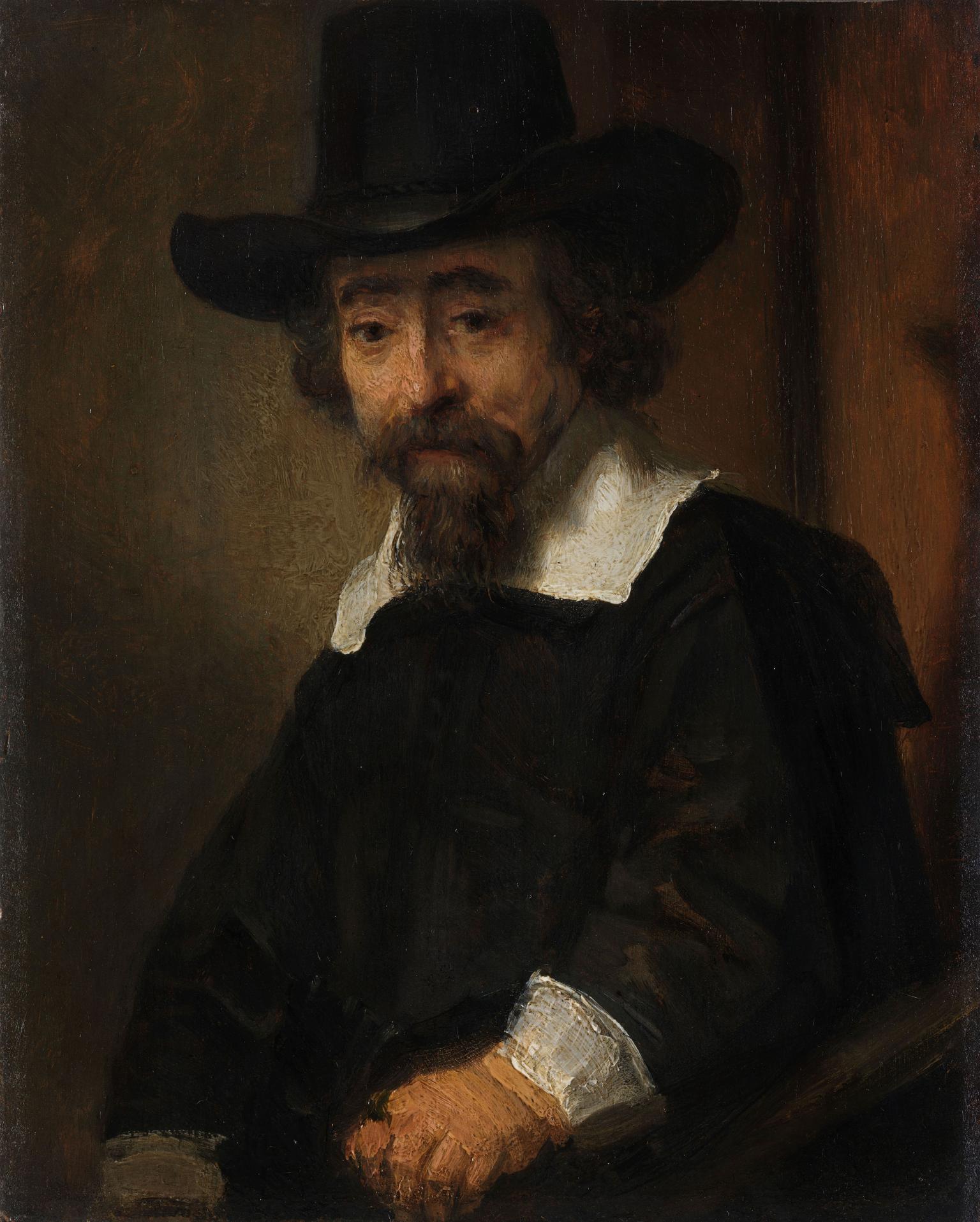 Portrait painting depicting bearded man in hat and collar facing viewer.