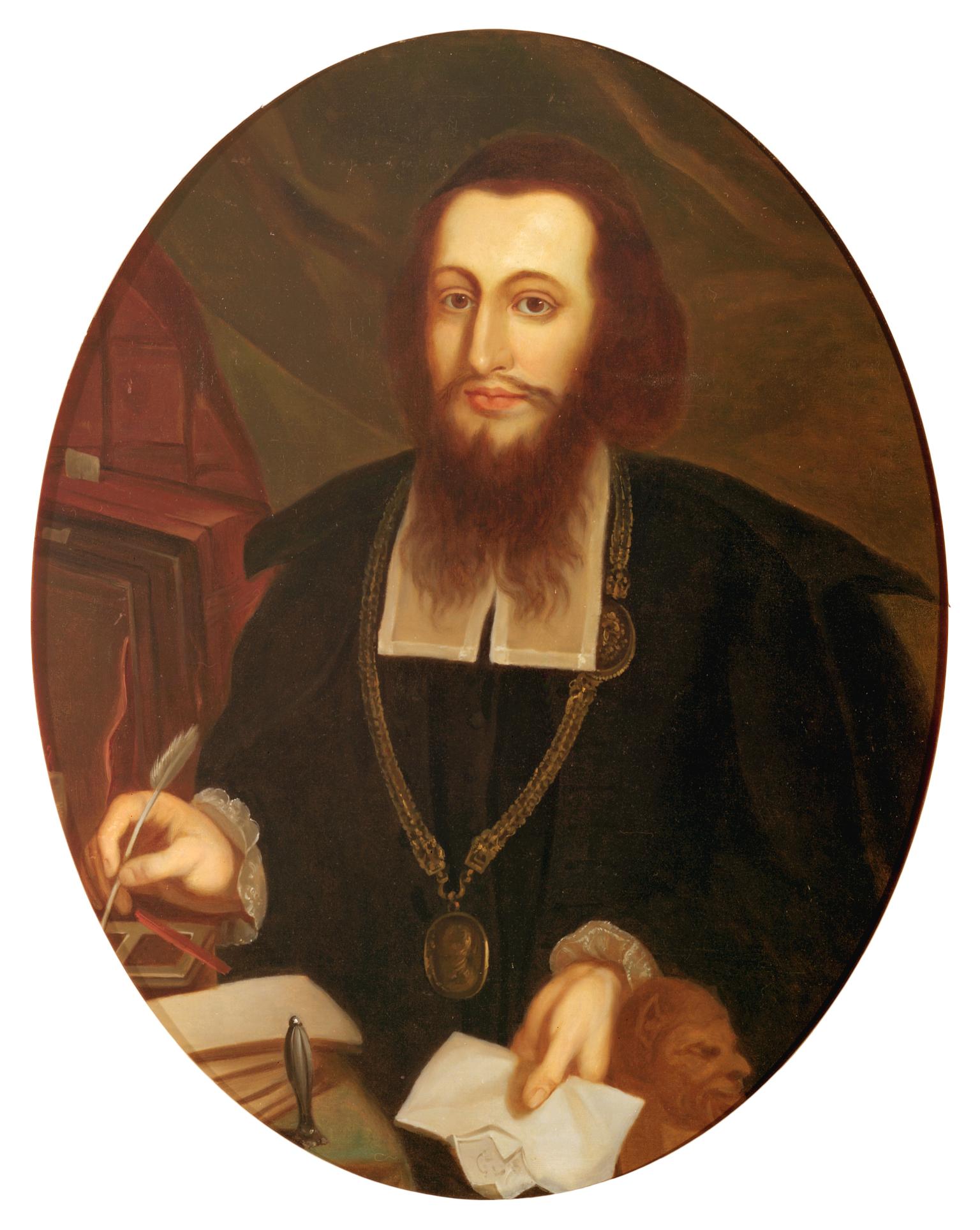 Portrait painting of bearded man wearing medallion holding quill and papers and facing viewer.
