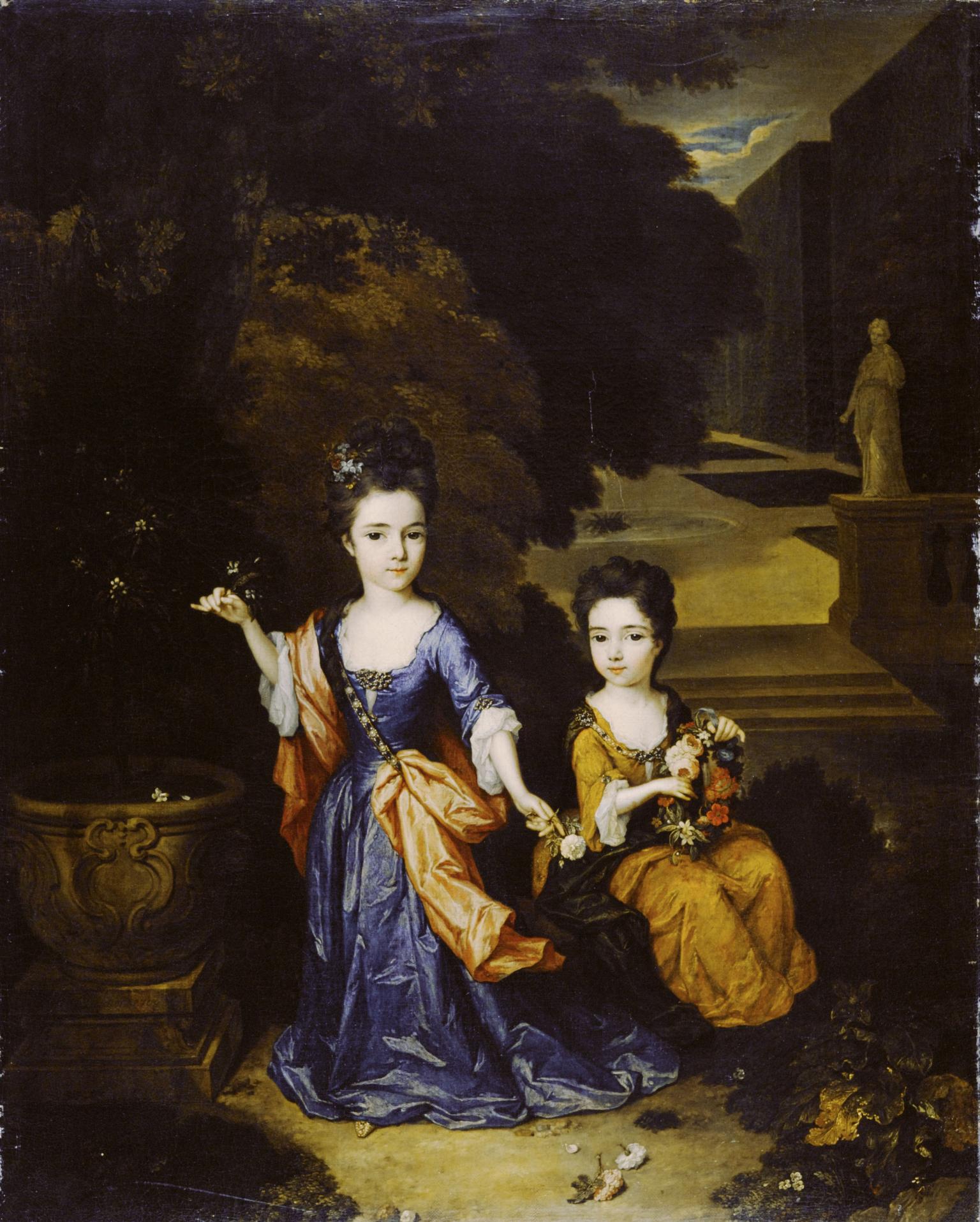 Painting of two girls, one seated and one standing, holding flowers in garden with sculpture and hedges in background.