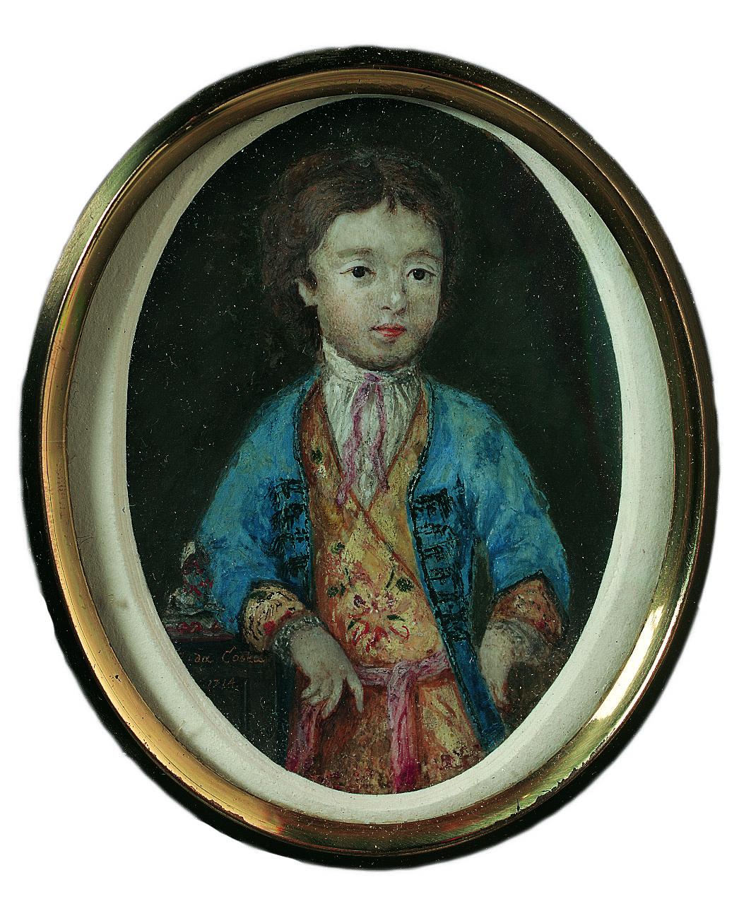 Portrait painting in circular frame of boy leaning to one side and facing viewer. 