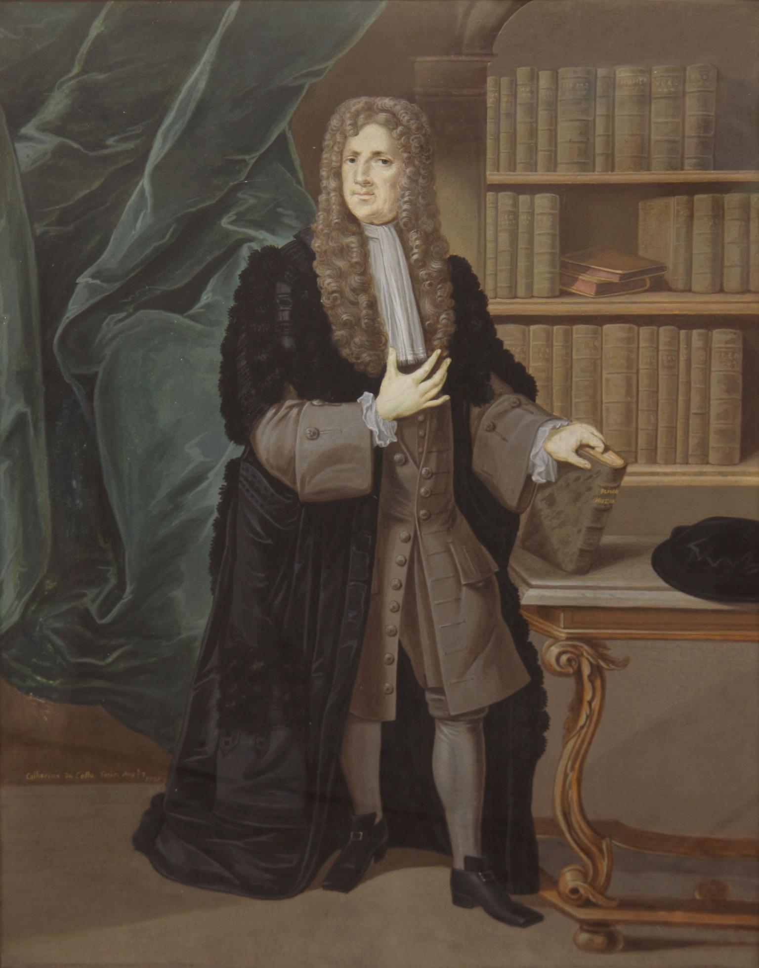 Full-body portrait painting of man wearing periwig and holding a book.