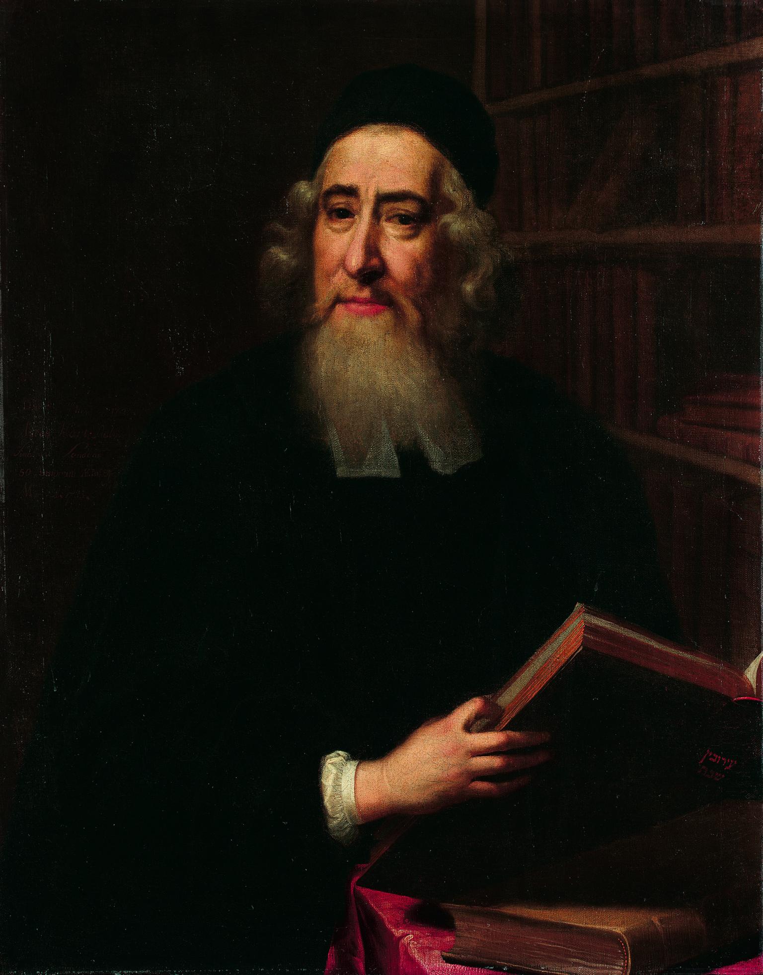 Portrait painting of man in beard and hat holding open book and looking at viewer.