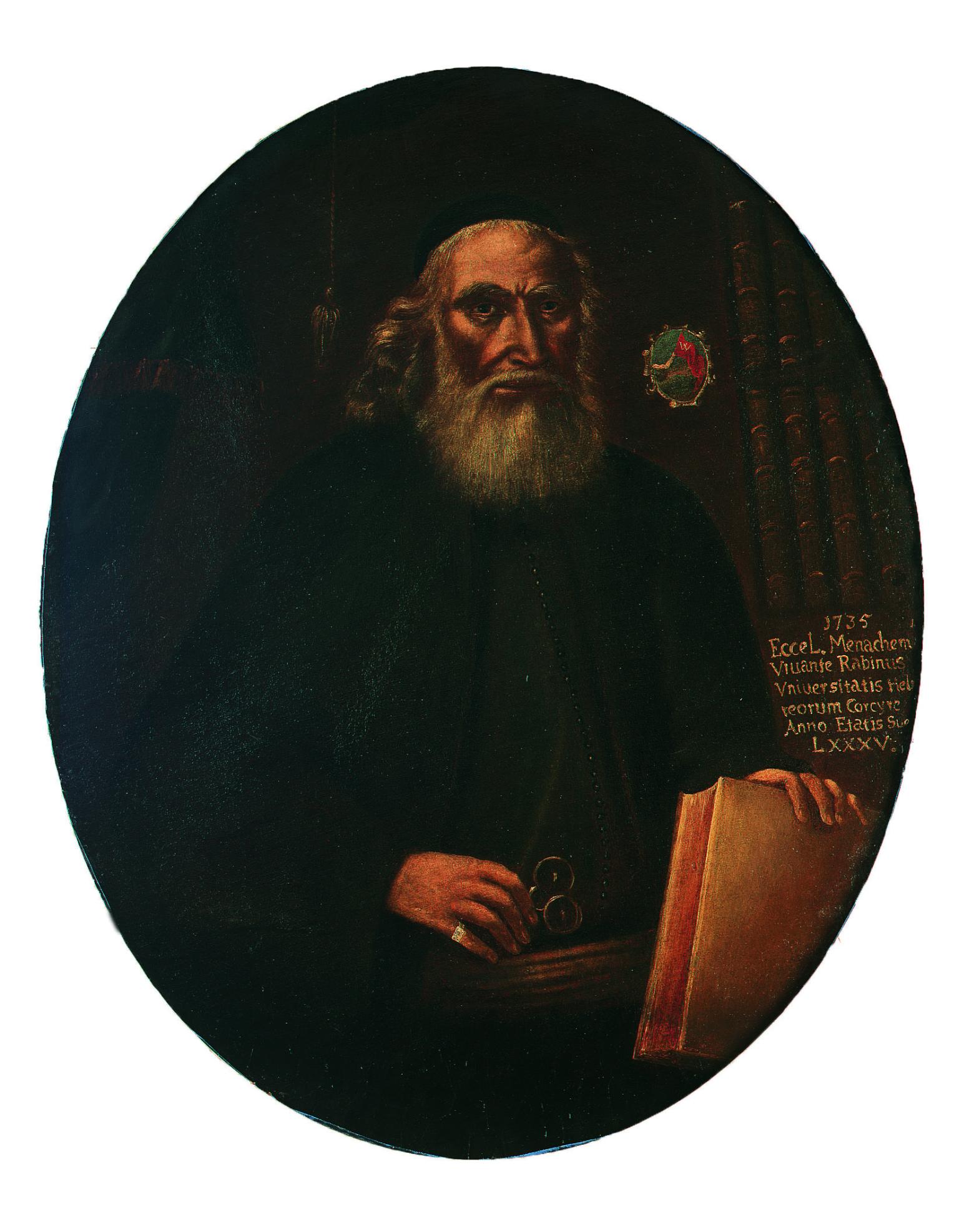 Portrait painting of bearded man in skullcap holding closed book in front of bookshelf, with Latin text on side.