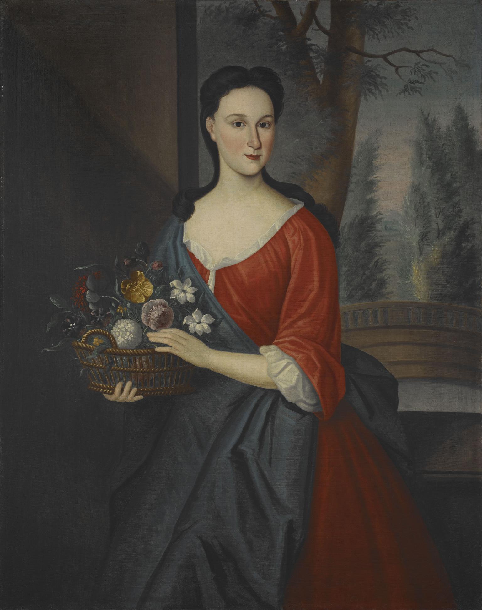 Portrait painting of woman in dress holding basket of flowers.