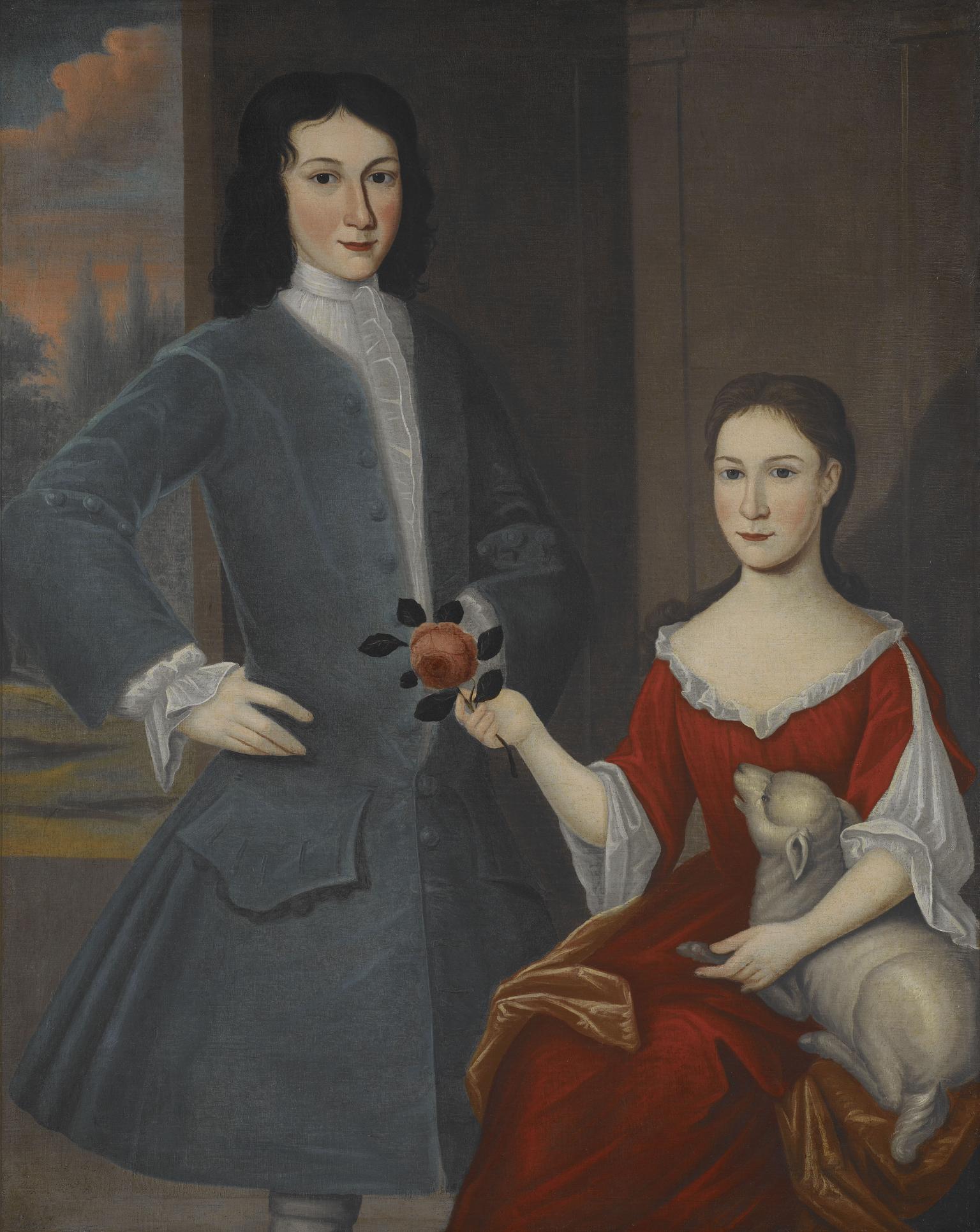 Portrait painting of boy standing next to girl sitting with rose in her hand and lamb in her lap.