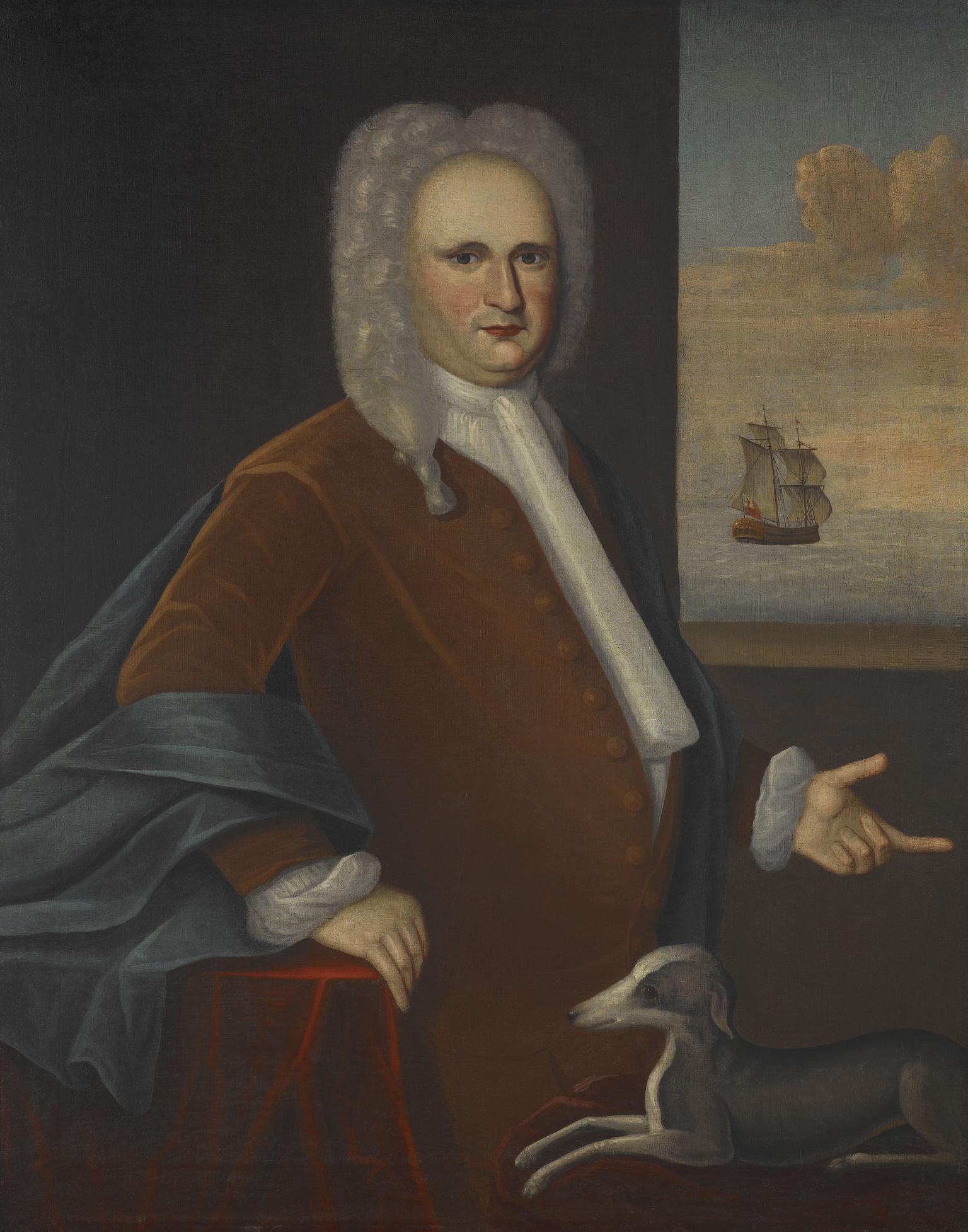 Portrait painting of man with dog in his lap and boat on sea in background. 