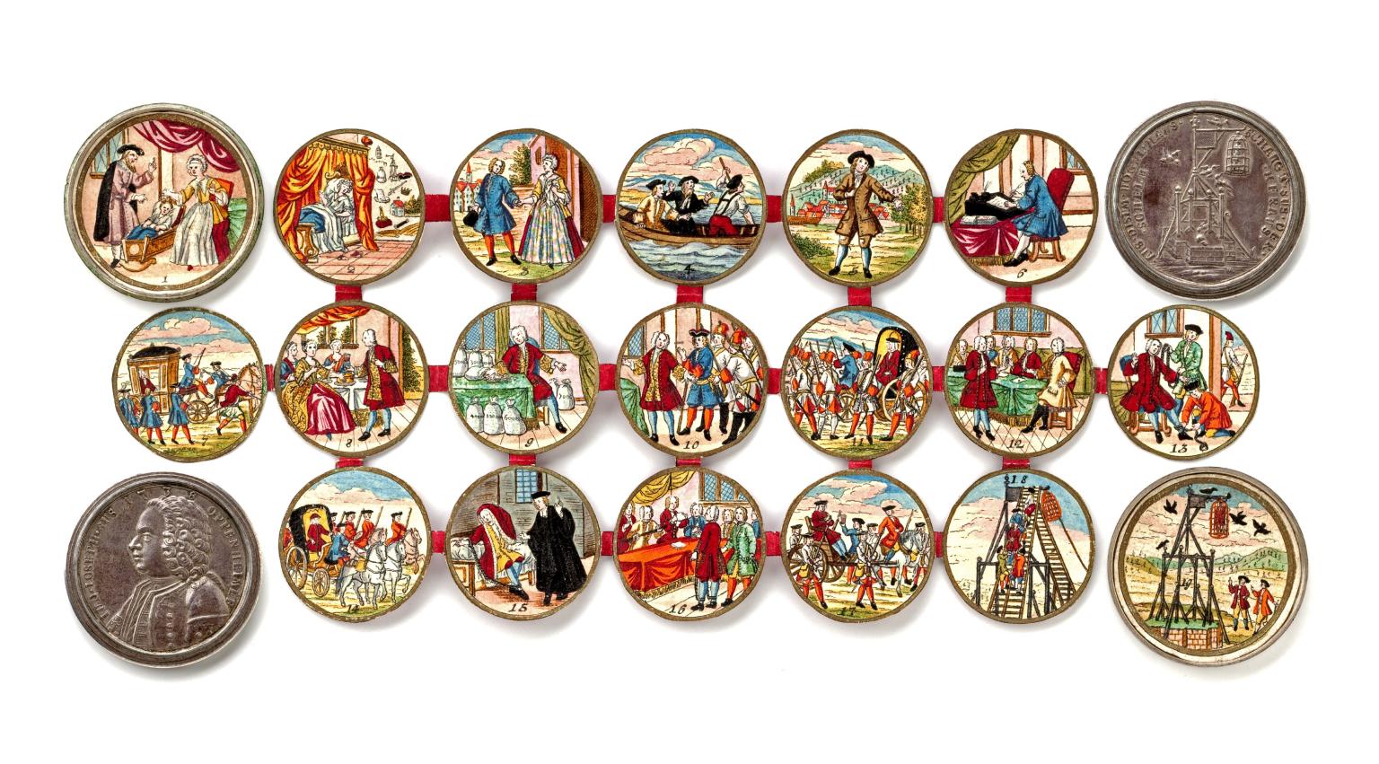 19 illustrations in circular frames connected by ribbon of different painted scenes of man's life from birth to gallows, and two coins, one with gallows and the other with the profile of a man. 