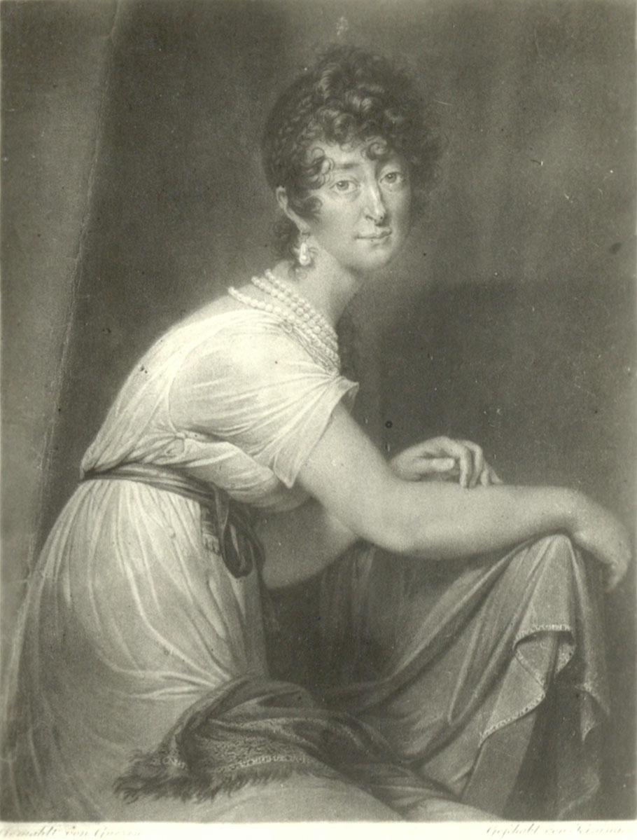 Painting of woman sitting sideways on a chair, with arms draped over the chair back and facing viewer, wearing short-sleeved dress, pearls, sash, and a curly updo. 