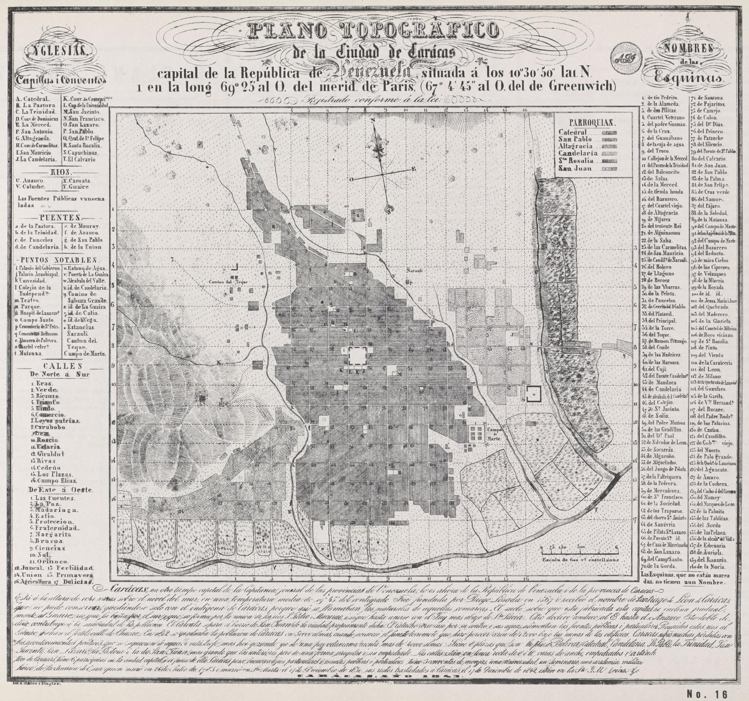 Topographic map, with place names in columns on left and right side and Spanish text below.