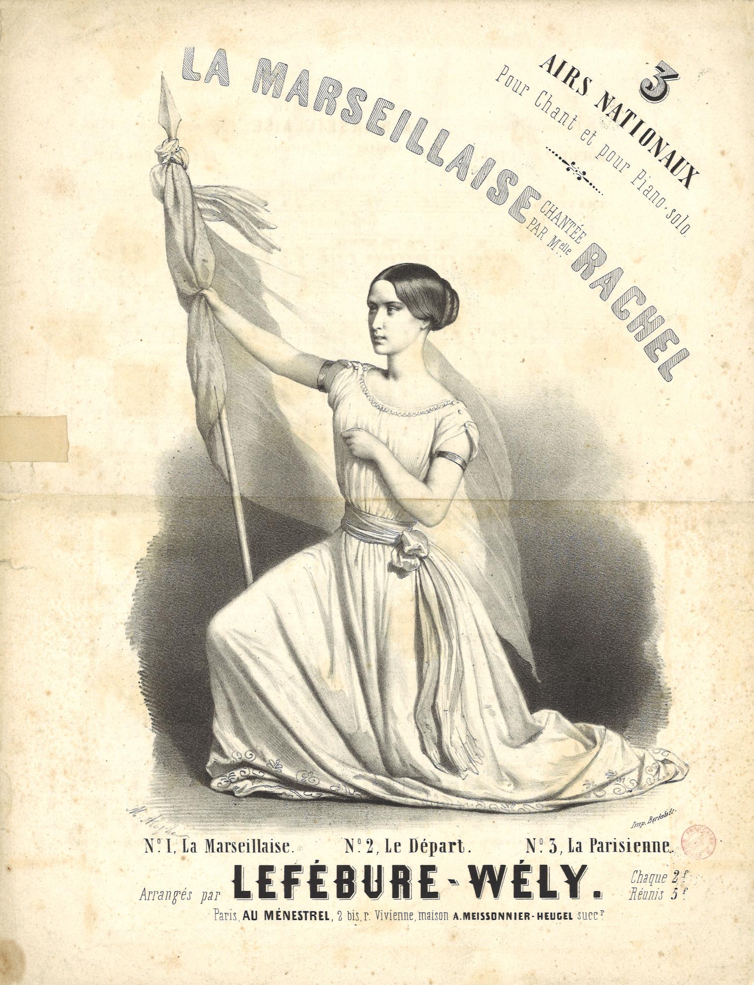 Printed page with woman kneeling in front holding large flag and French text surrounding. 