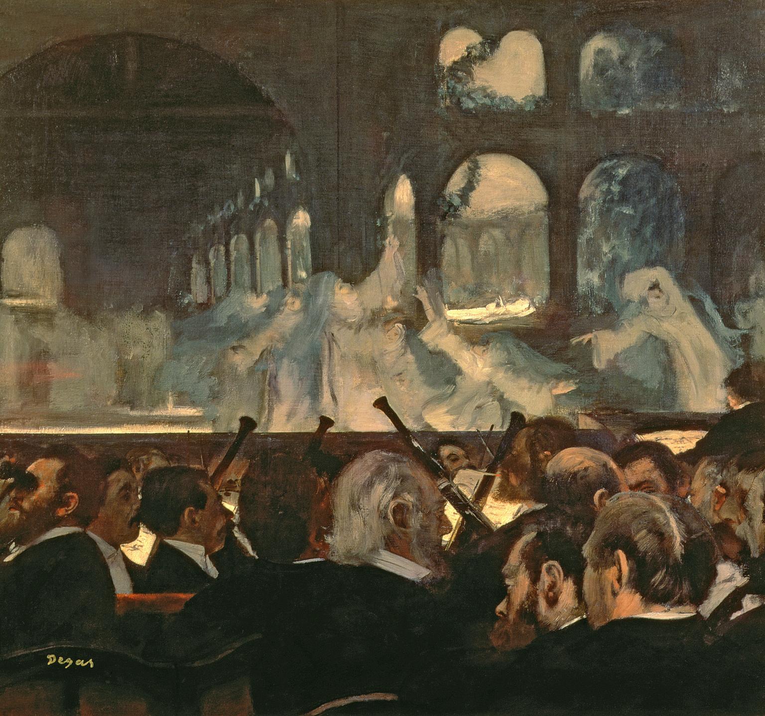 Painting of audience and orchestra facing stage with shadowy figures on it.