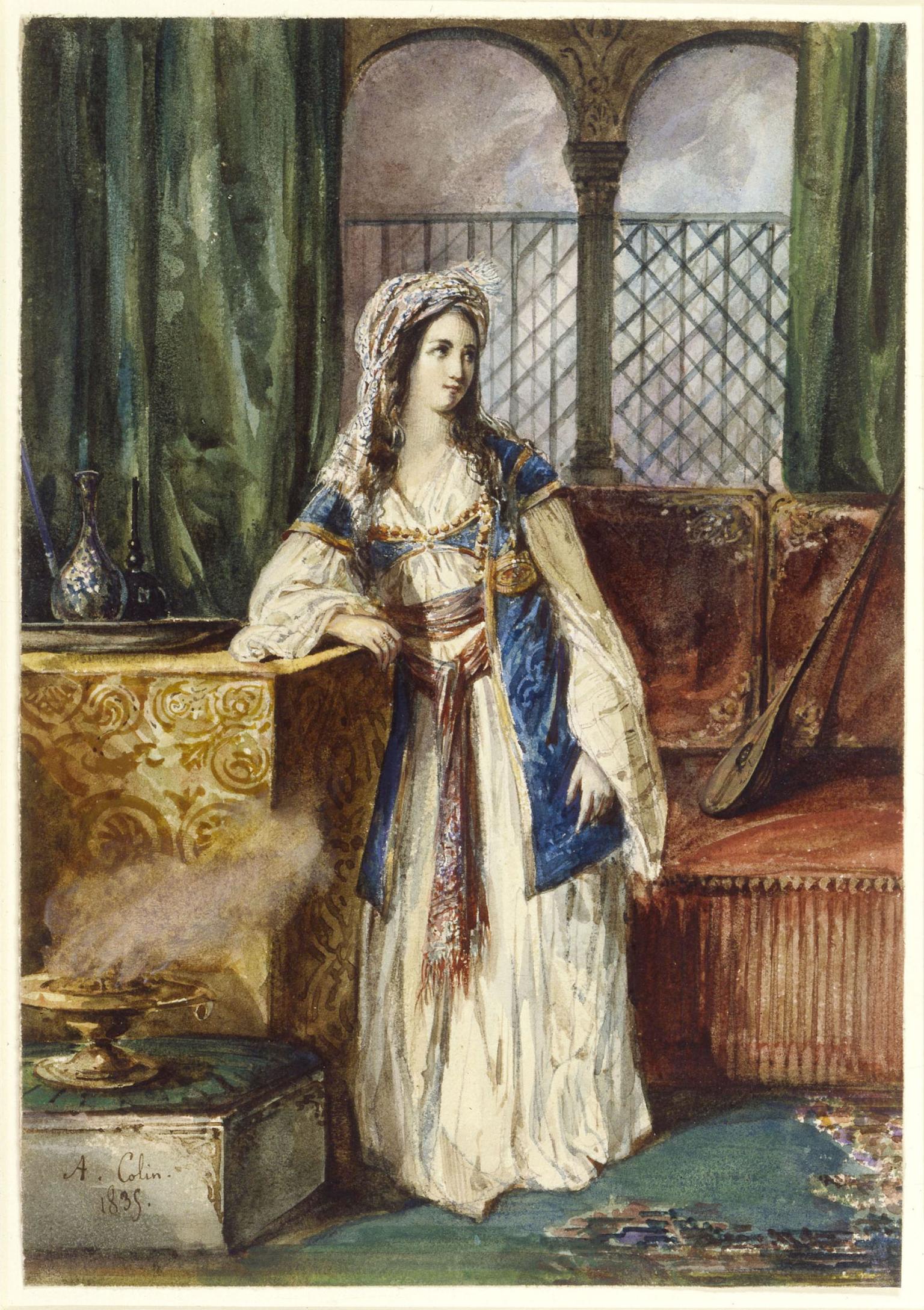 Painting of woman in headdress, loose dress, and vest leaning against table decorated with roses next to burning brazier, with arched windows and instrument in background. 