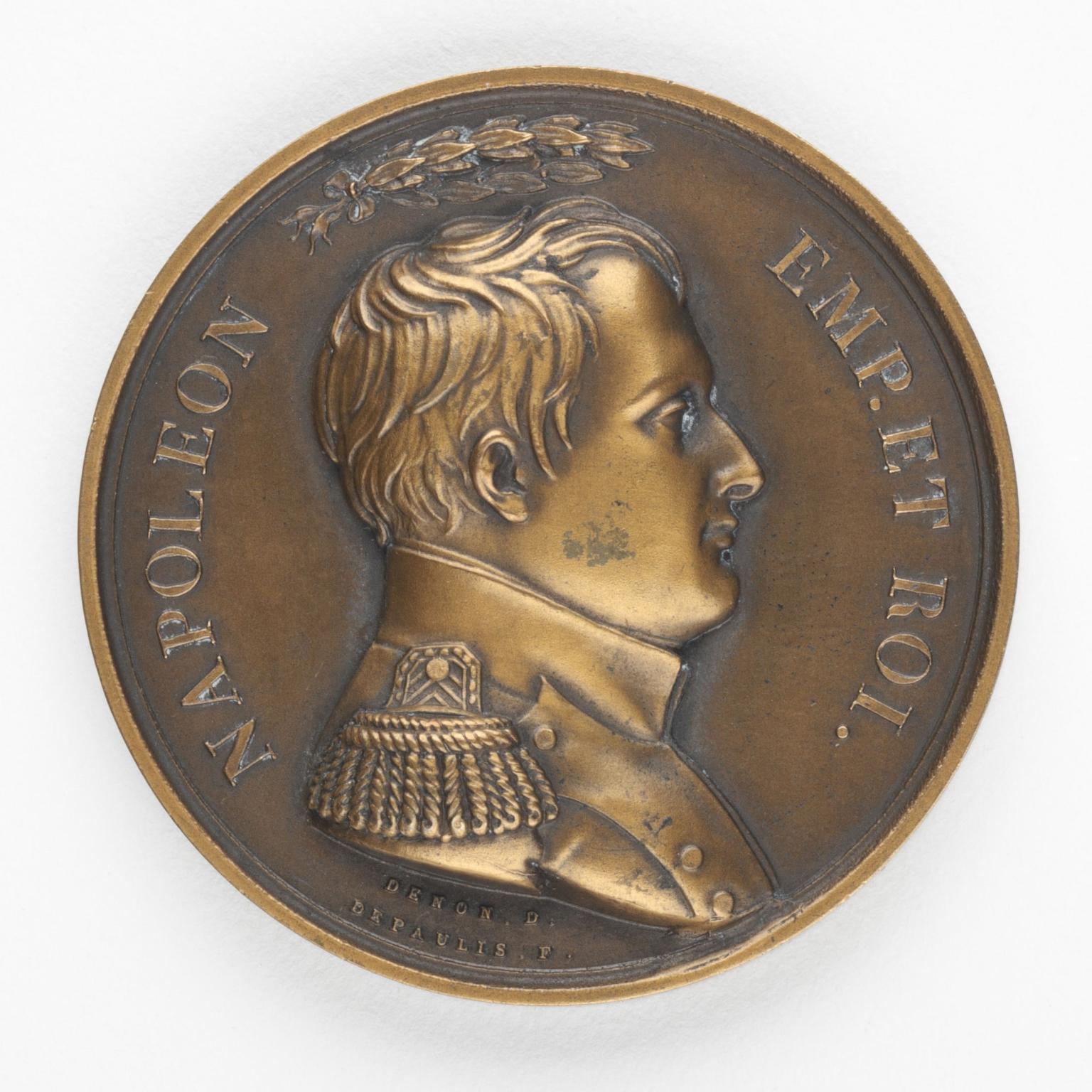 Bronze medal featuring profile of man in epaulets and laurel above head and Latin text.