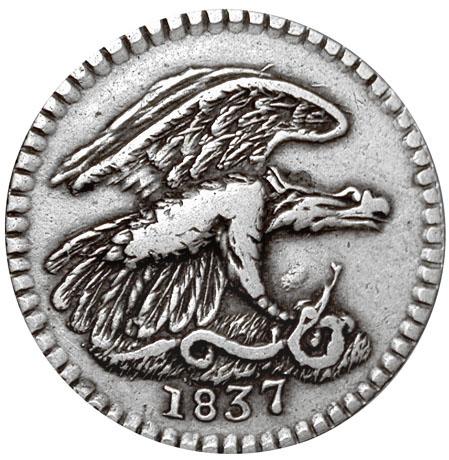 Silver coin featuring eagle and snake.