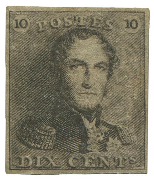 Engraved stamp depicting portrait of man in epaulets and the number 10. 