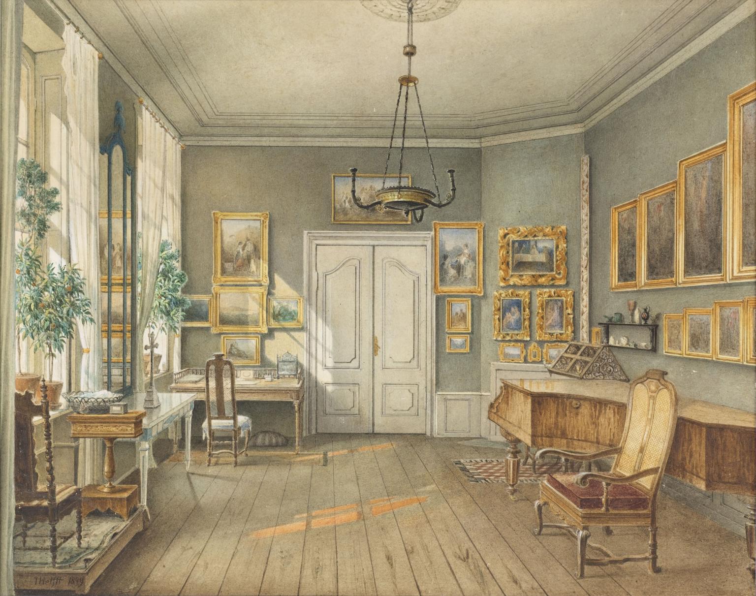 Painting of room featuring natural light, grand piano, and walls filled with pictures in gold frames.