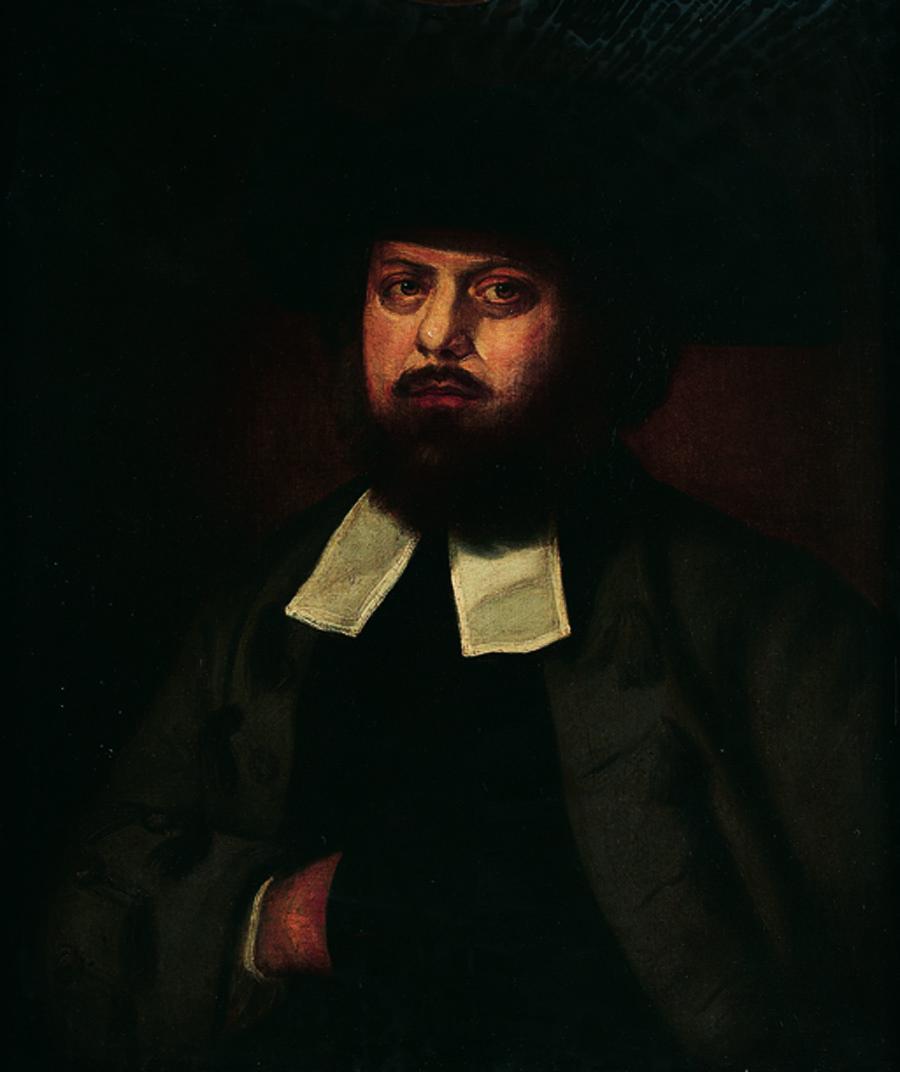 Painting of bearded man in hat facing viewer.