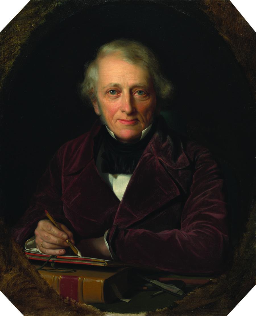Portrait painting of man facing viewer with left arm resting on table with books and right hand holding dip pen.