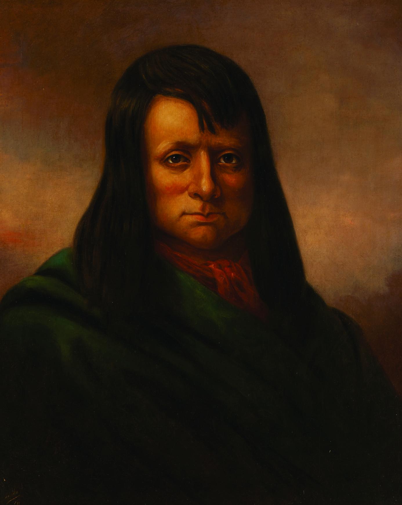 Portrait painting of man with long hair and necktie facing viewer.