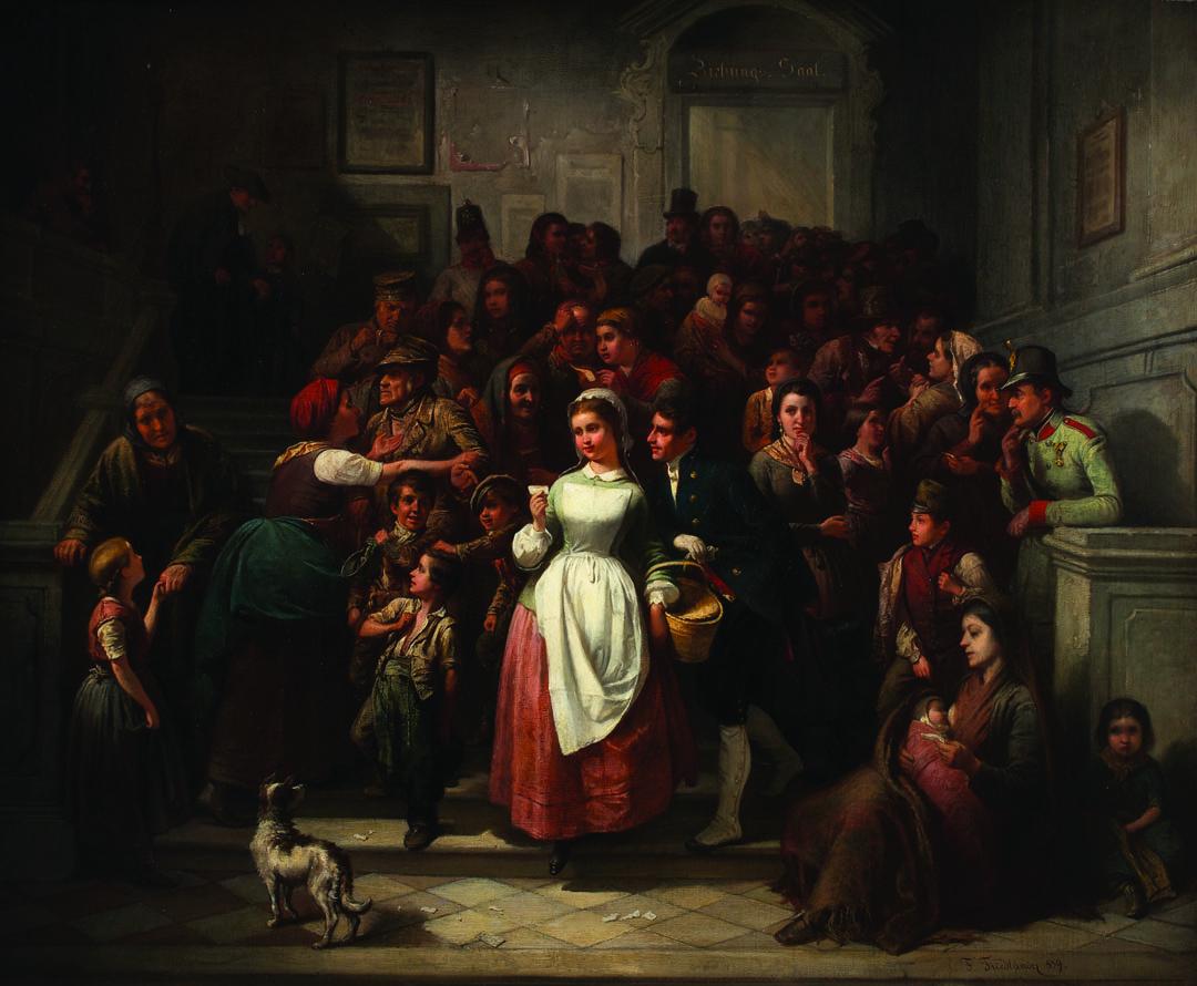 Painting of crowd of people next to building exterior and steps.
