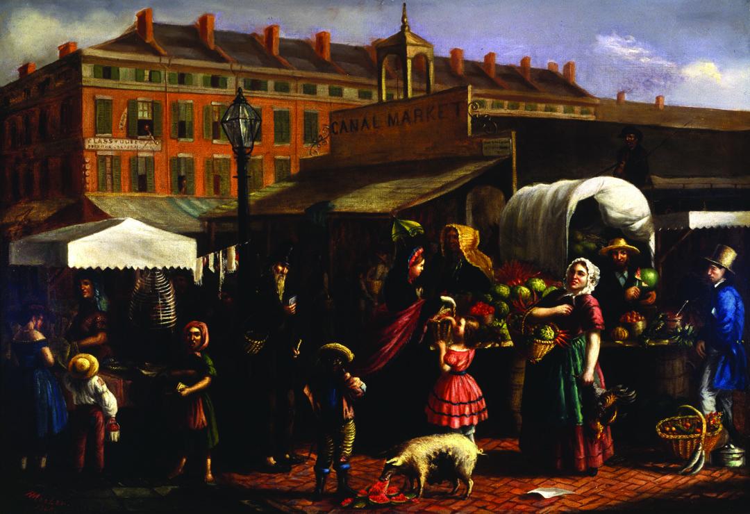 Painting of animals, men, women, and children at a street market with vendors. 